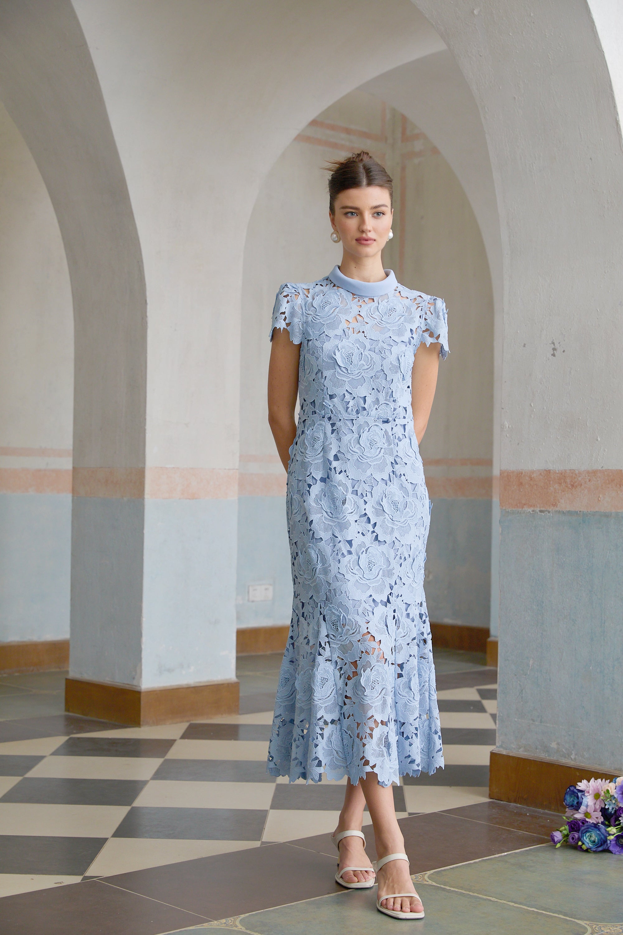 Aurore Blue Floral Appliqué Lace Midi Dress (Final Sale)