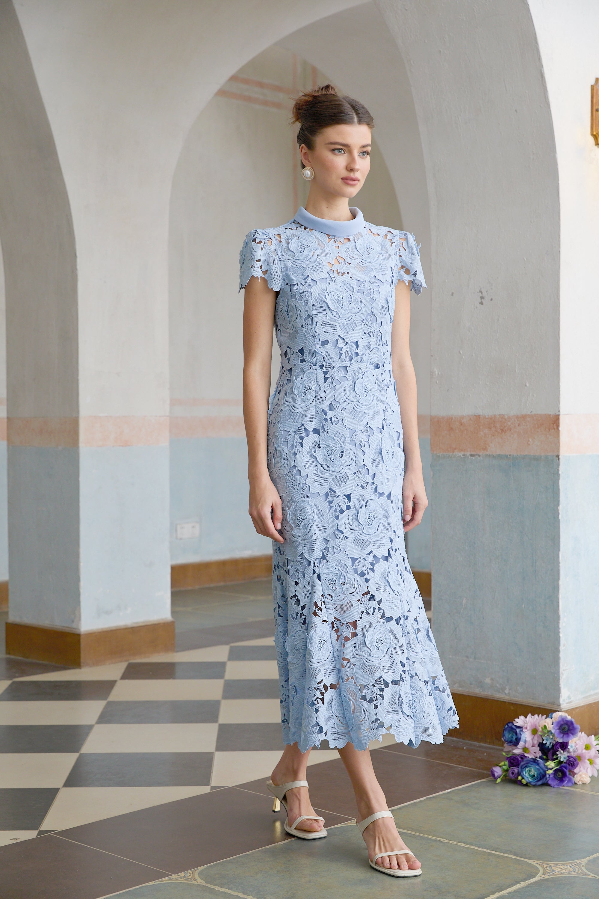 Aurore Blue Floral Appliqué Lace Midi Dress (Final Sale)