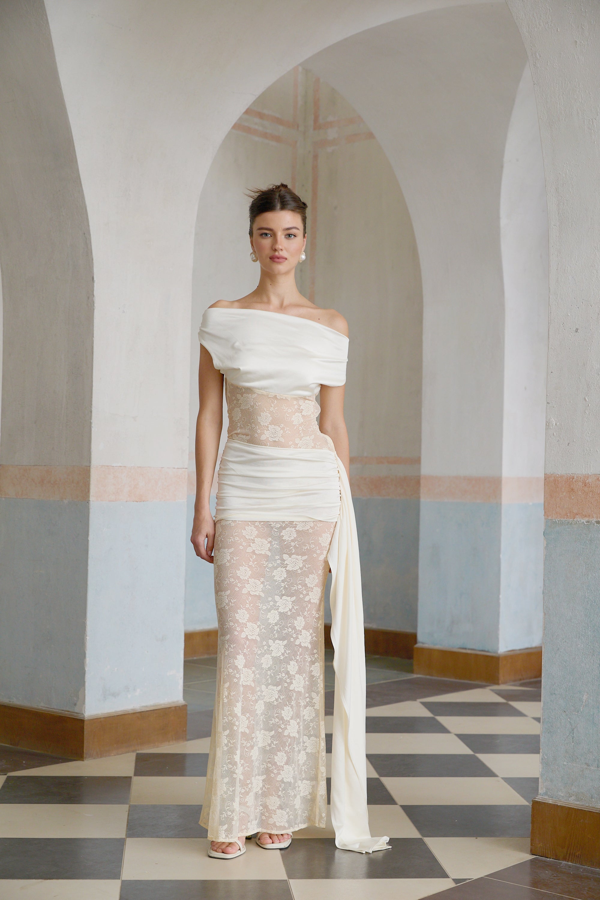 Lilou neutrals ribbon panelled floral-lace maxi dress (Final Sale)