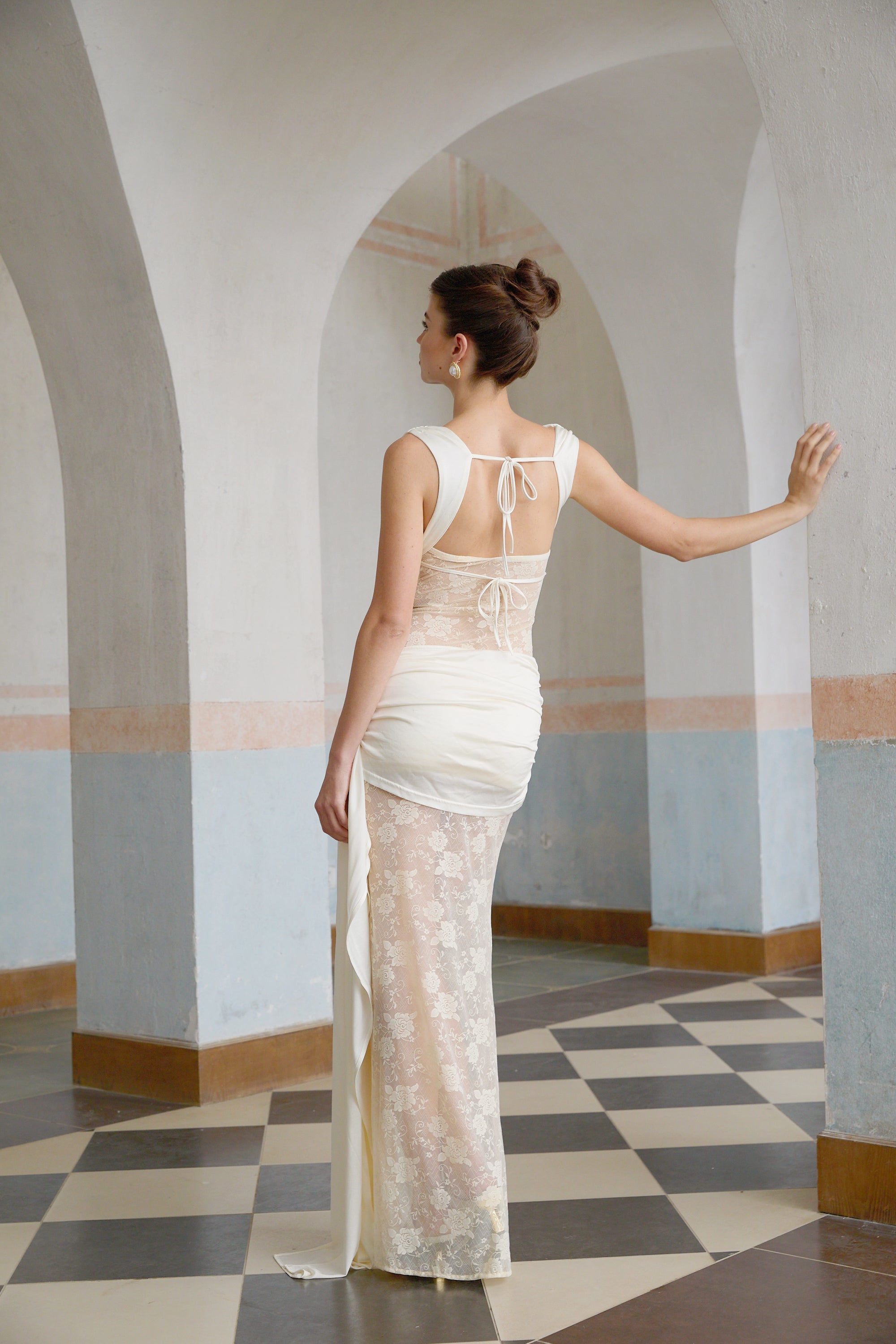 Lilou neutrals ribbon panelled floral-lace maxi dress (Final Sale)