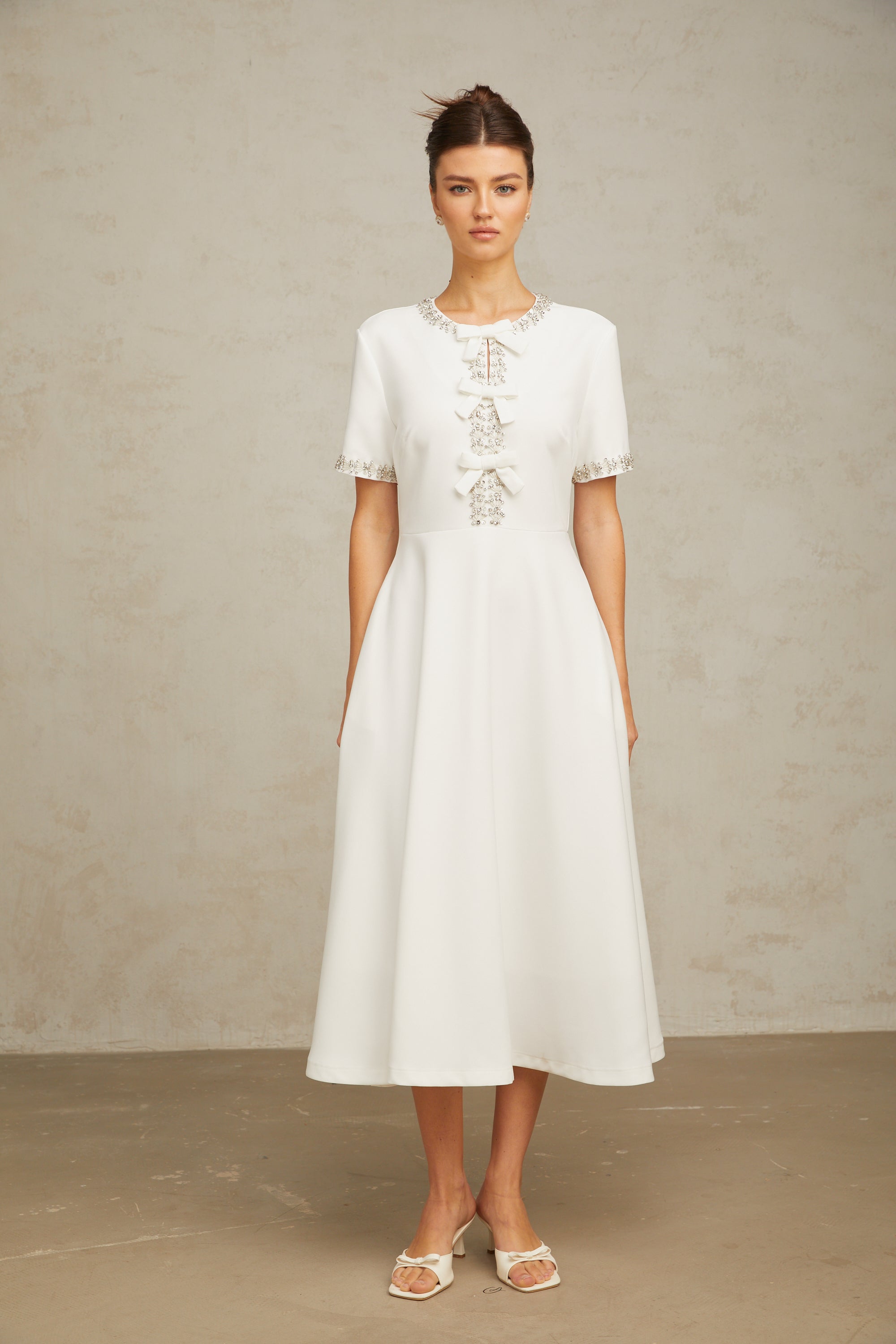 Cassiopeia crystal-accented bow midi dress in White (Final Sale)