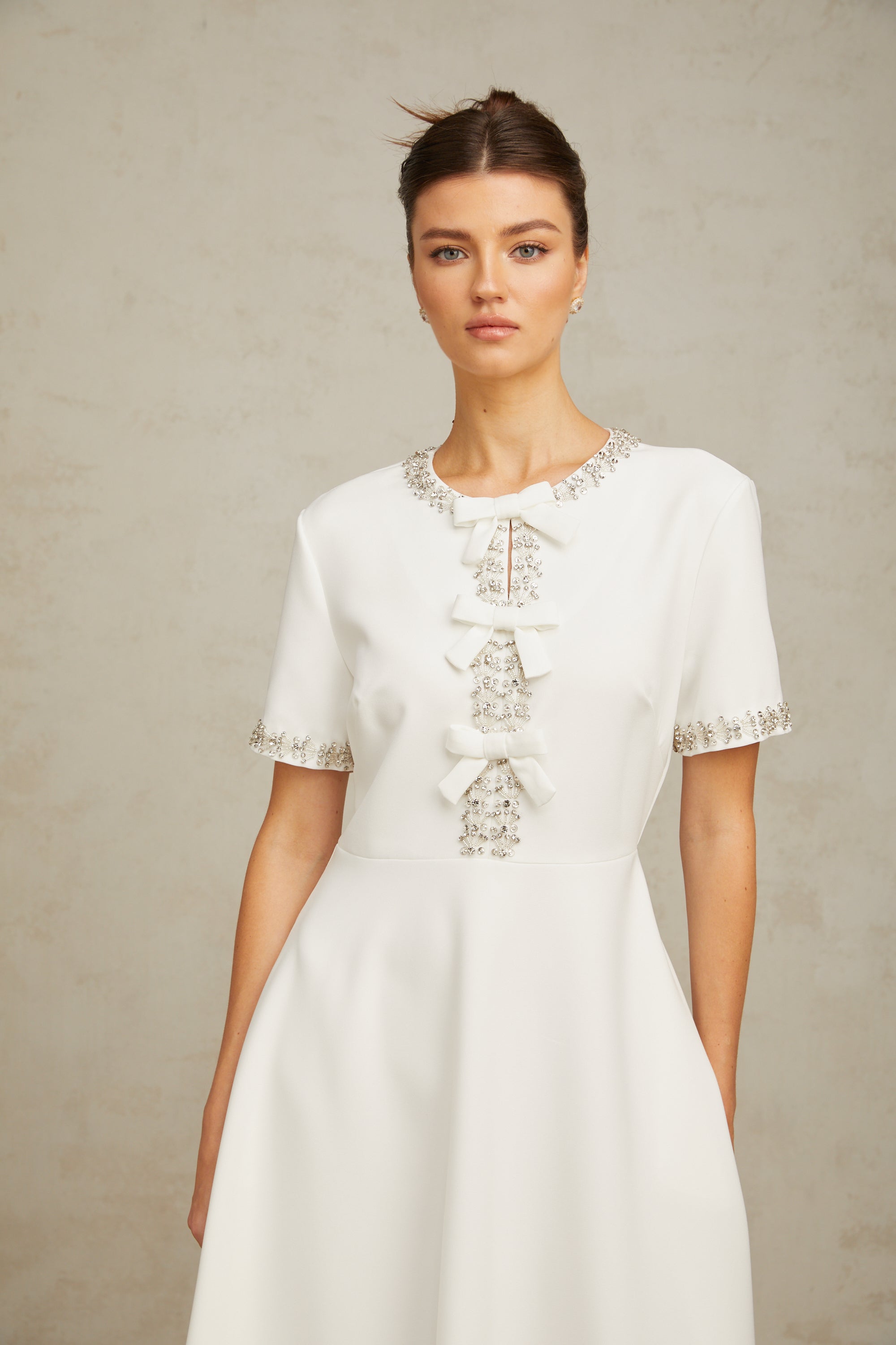 Cassiopeia crystal-accented bow midi dress in White (Final Sale)