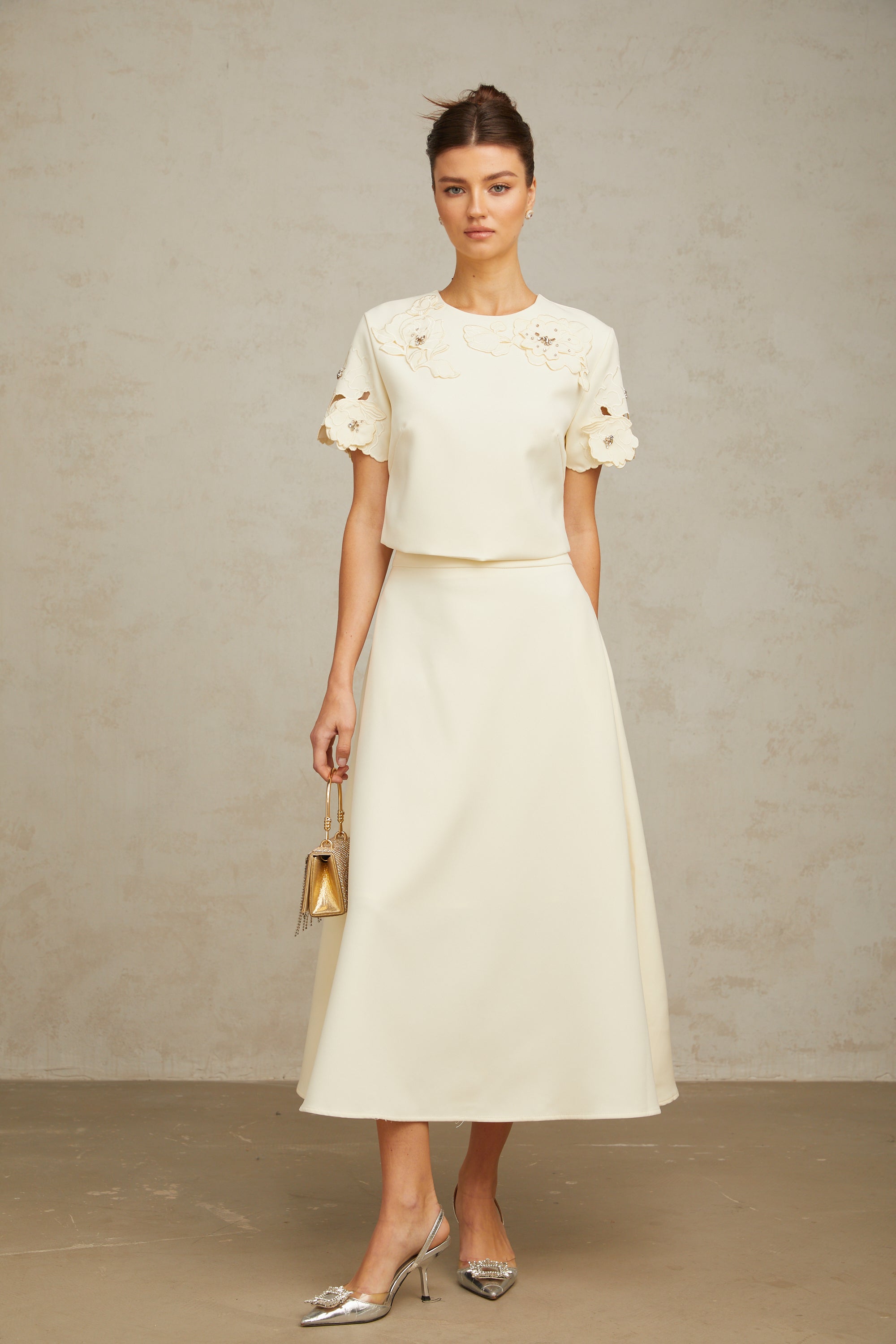 Coralie neutrals 3D-petal top & skirt matching set (Final Sale-US Only)