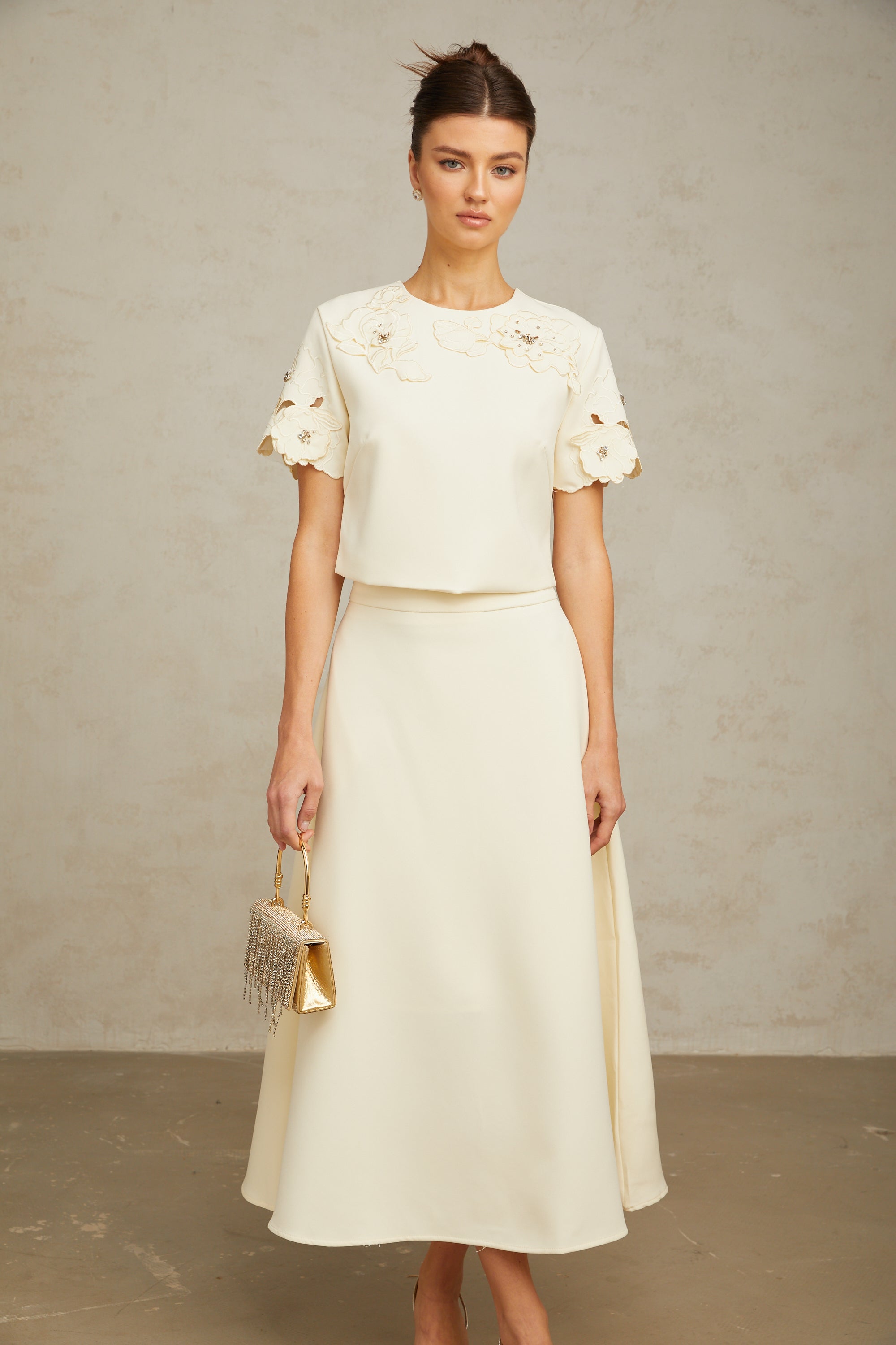 Coralie neutrals 3D-petal top & skirt matching set (Final Sale-US Only)