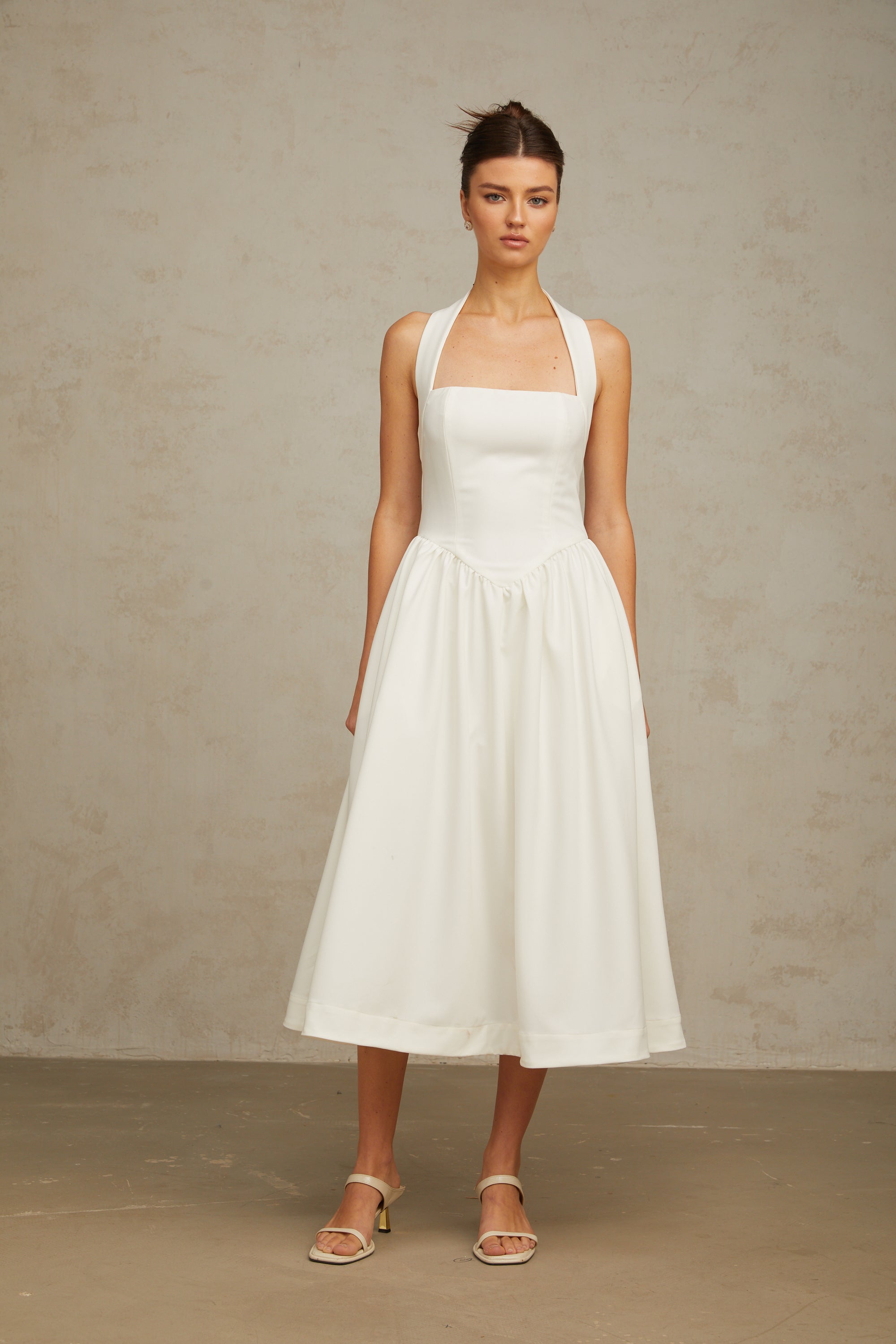 Alizée halterneck pleated midi dress in White (Final Sale)