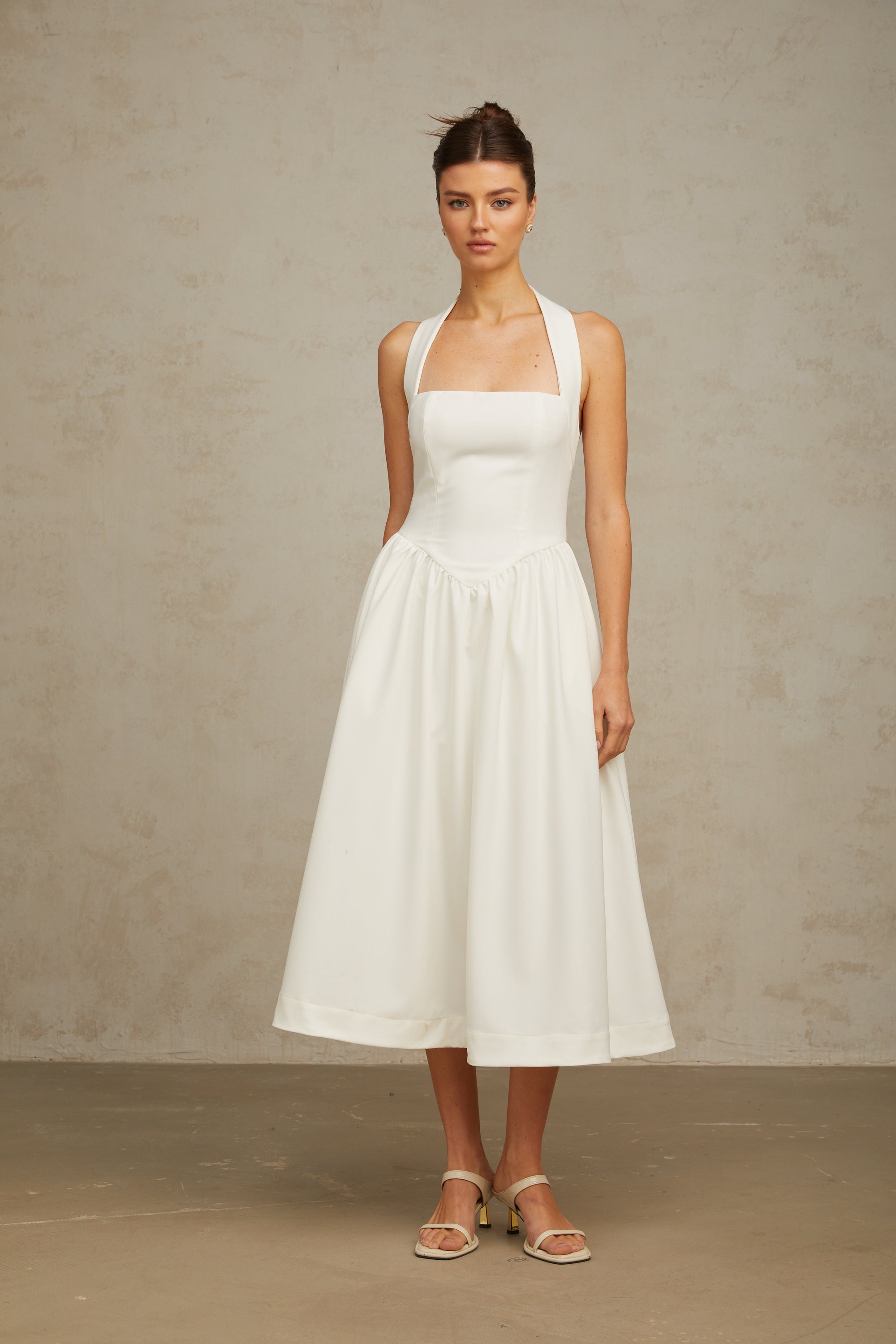 Alizée halterneck pleated midi dress in White (Final Sale)