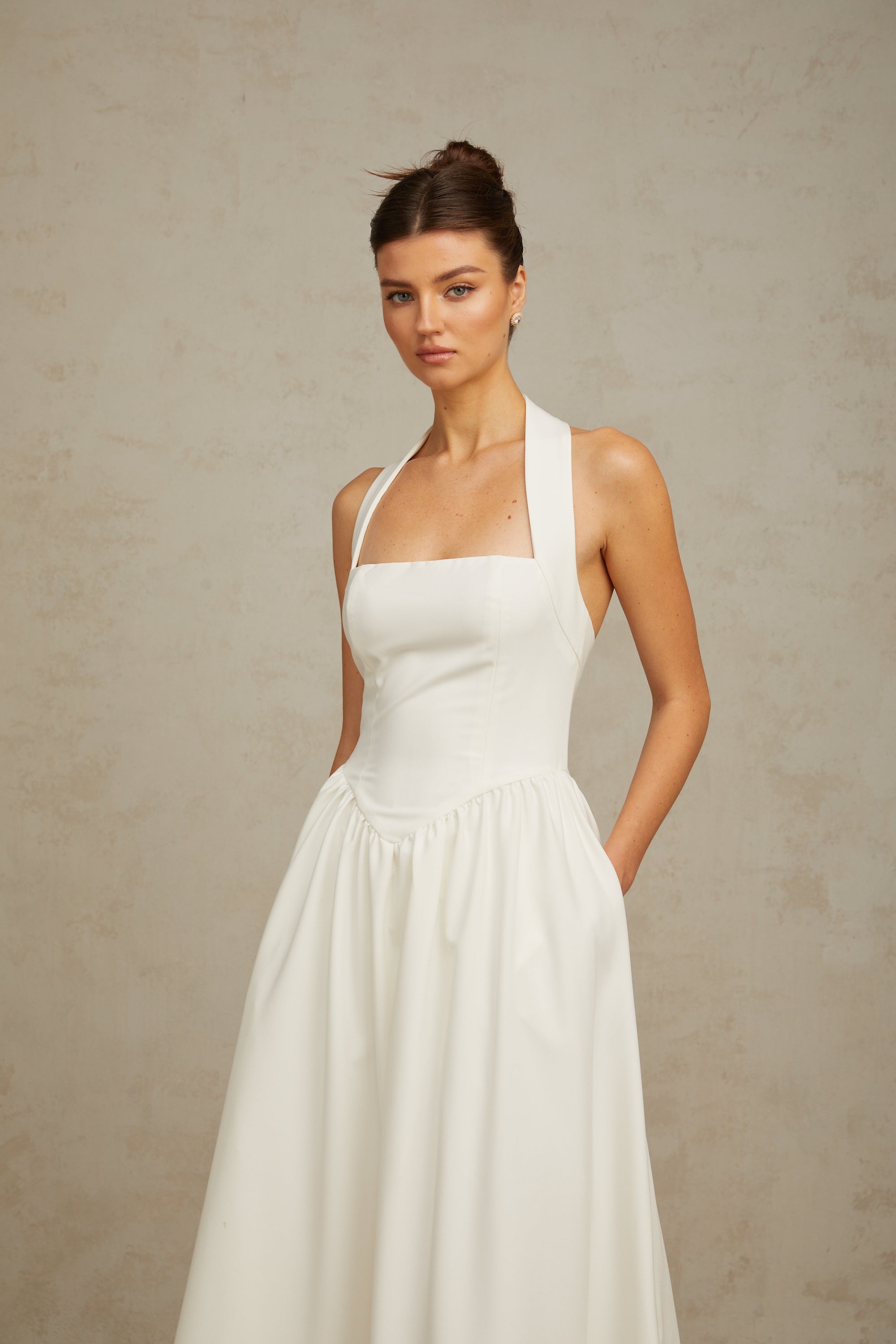 Alizée halterneck pleated midi dress in White (Final Sale)