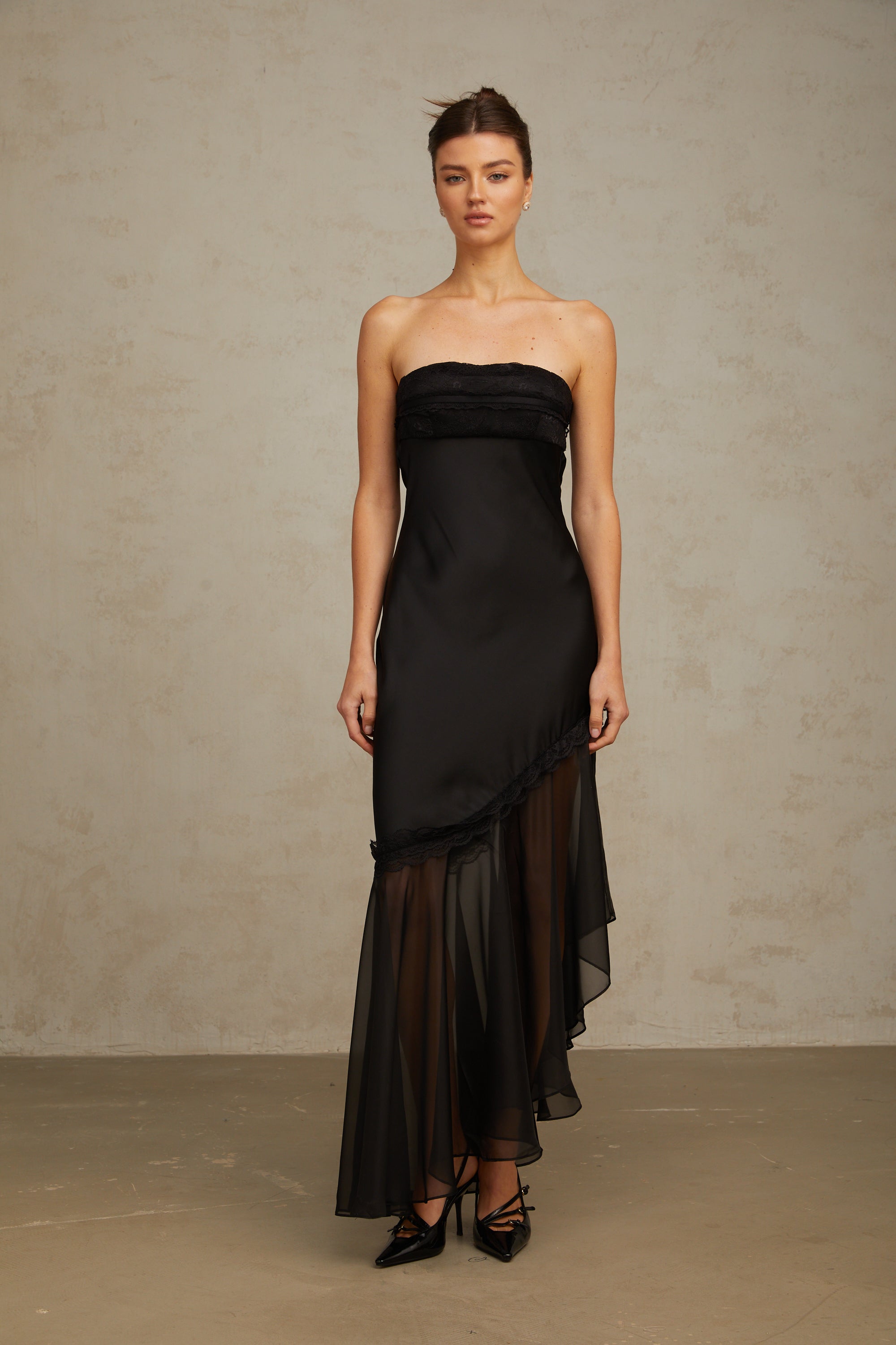 Bernadette black tulle-panelling satin maxi dress (Final Sale)