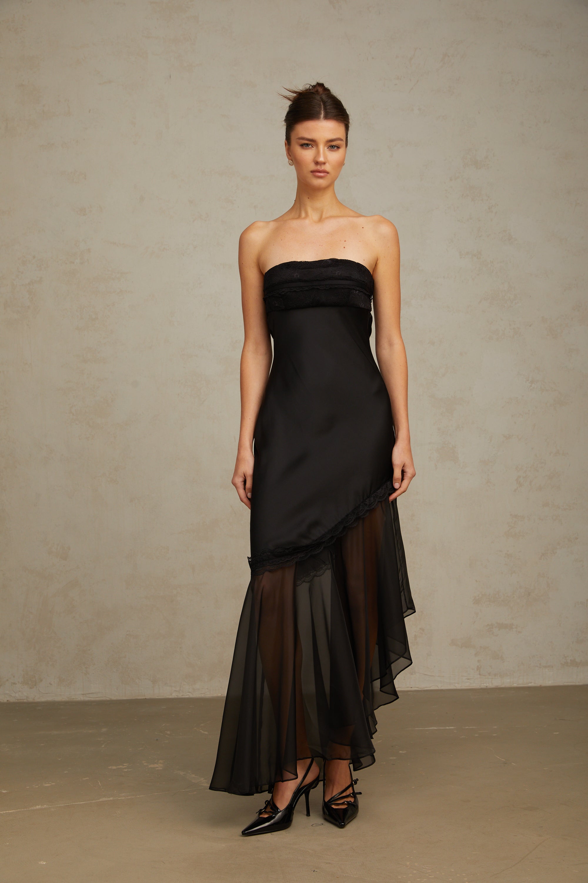 Bernadette black tulle-panelling satin maxi dress (Final Sale)