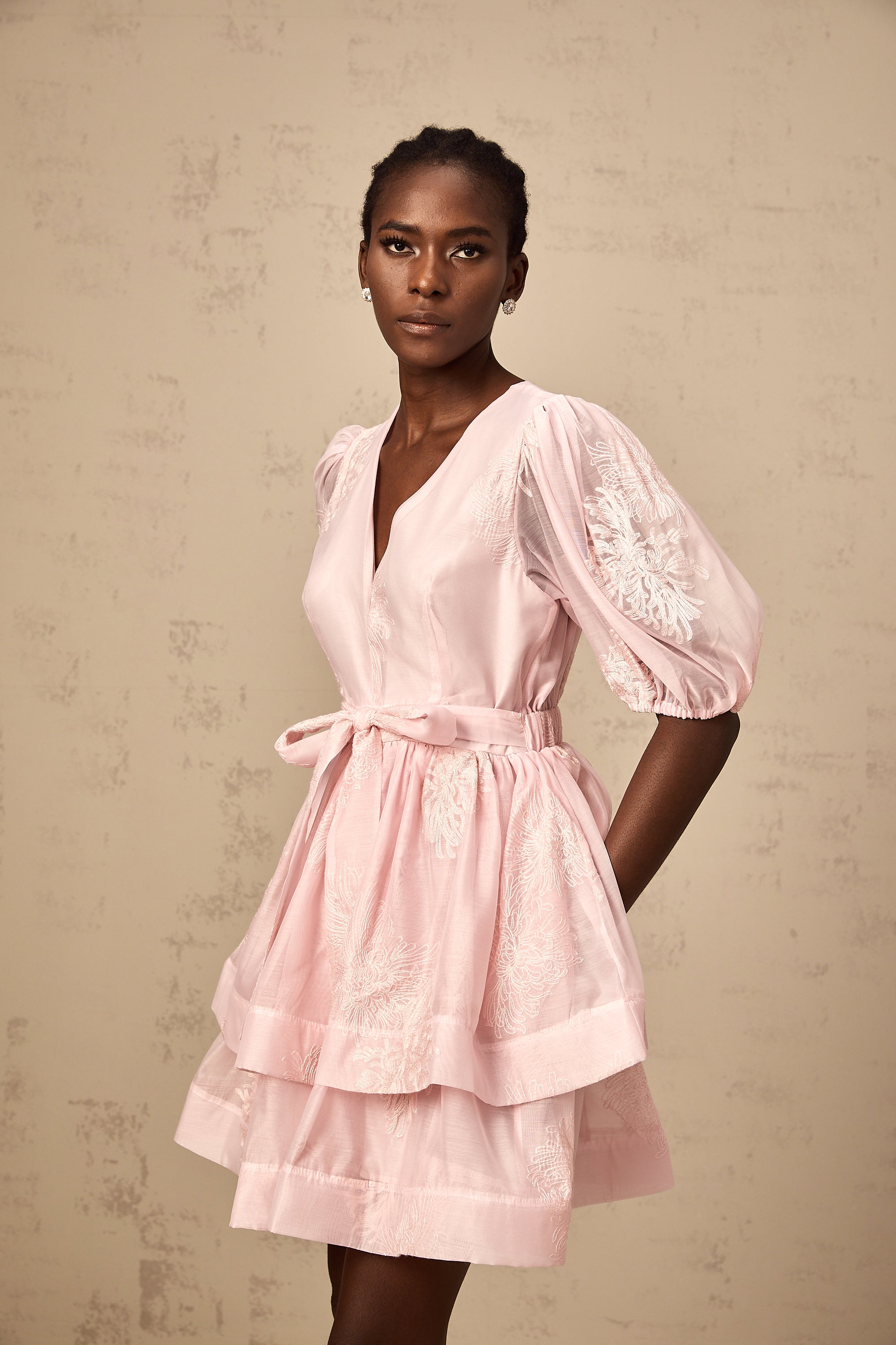 Florence pink floral-embroidered layered mini dress