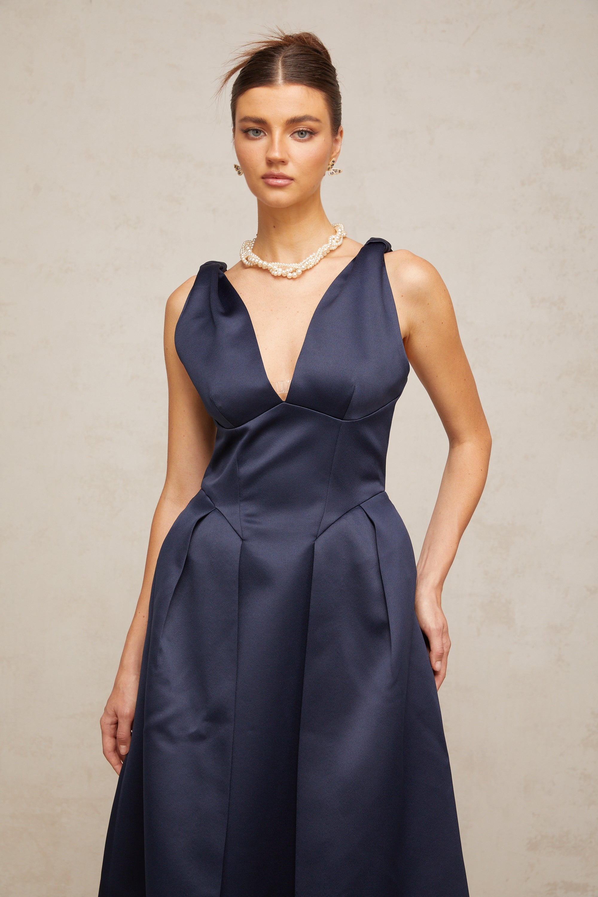 Chantale blue twist-detail satin midi dress