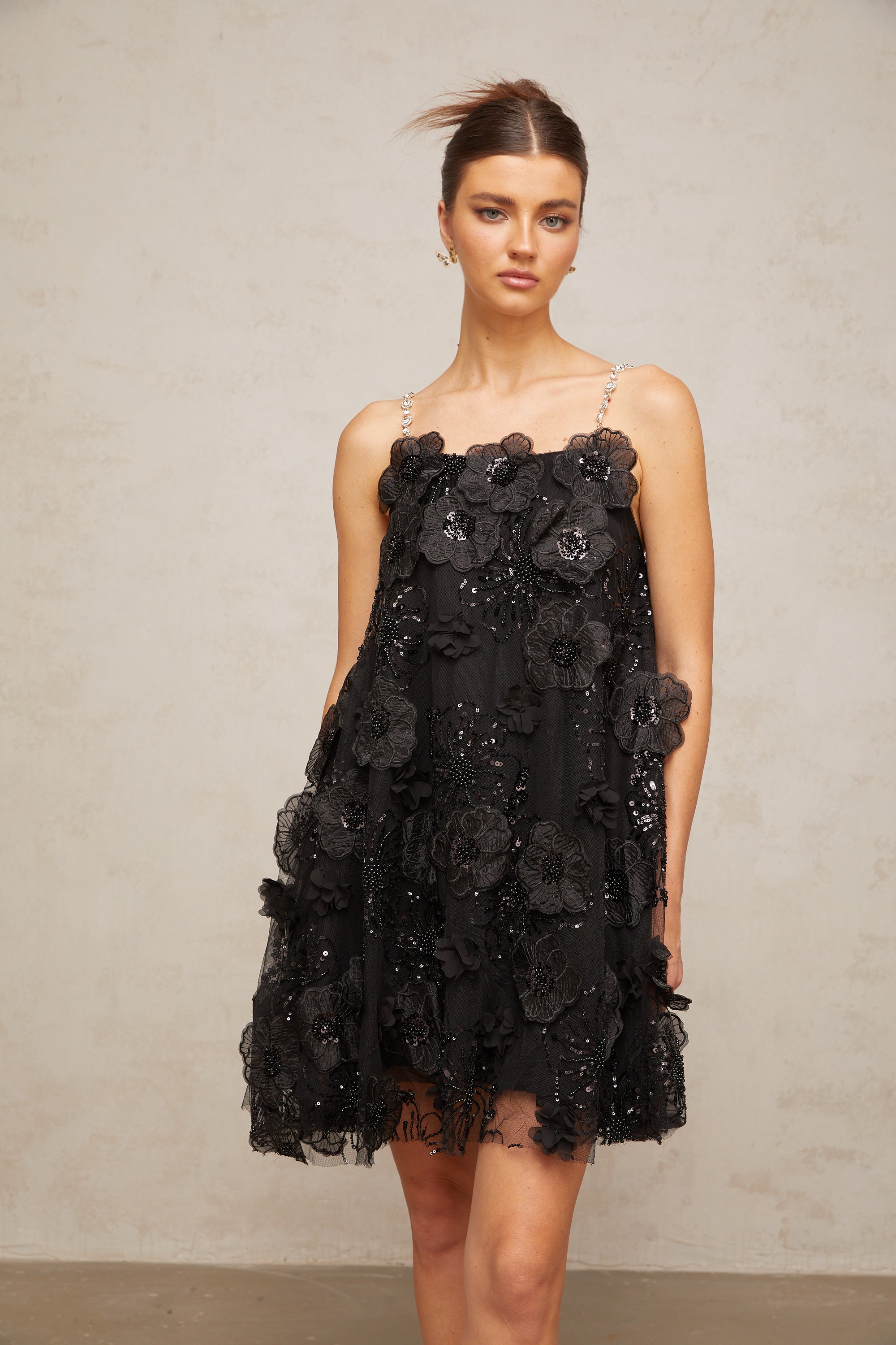 Suzette crystal-embellished floral mini dress in Black (Final Sale)