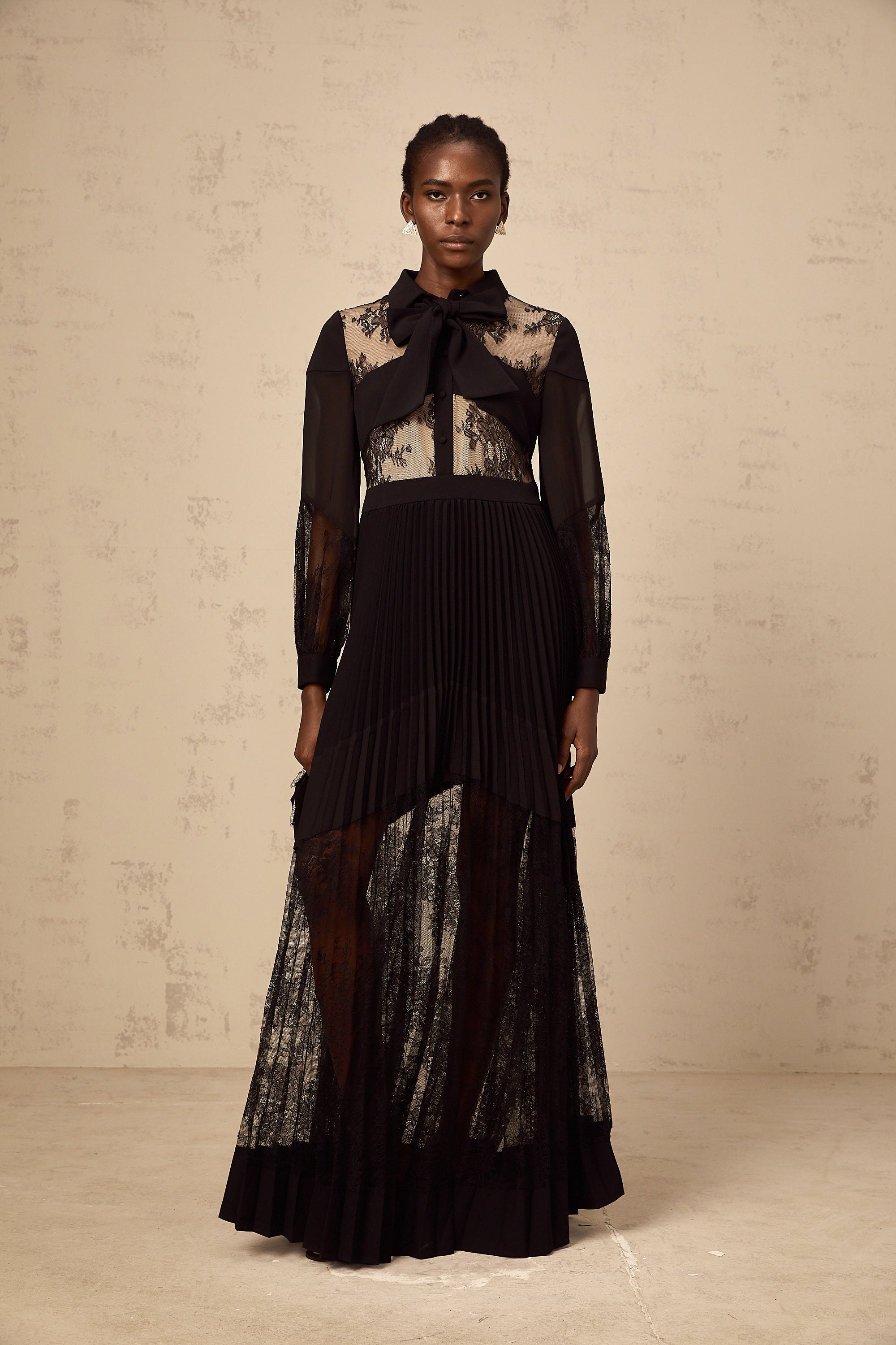 Ségolène black floral-lace-panel pleated maxi dress (Final Sale)
