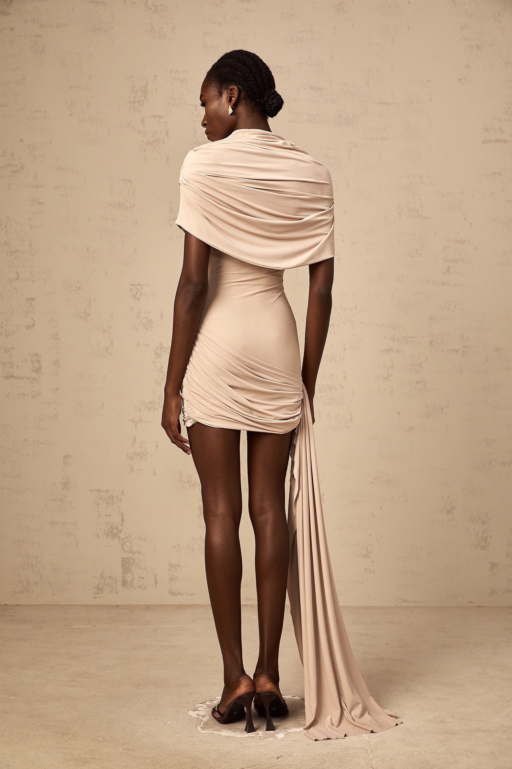 Gaëlle neutrals cape-design ruched fitted mini dress (Final Sale)