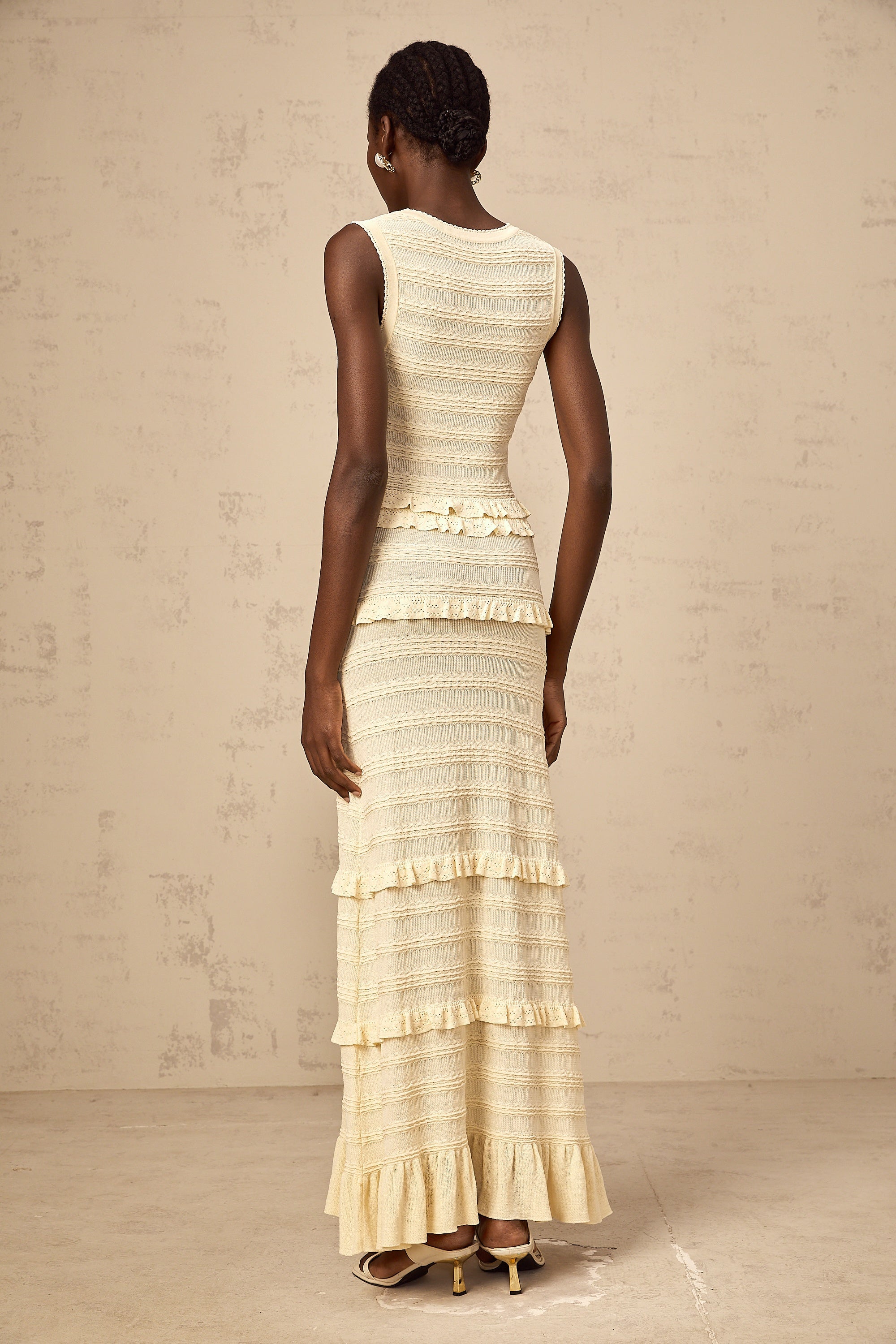 Airelle beige ruffled sleeveless knit maxi dress
