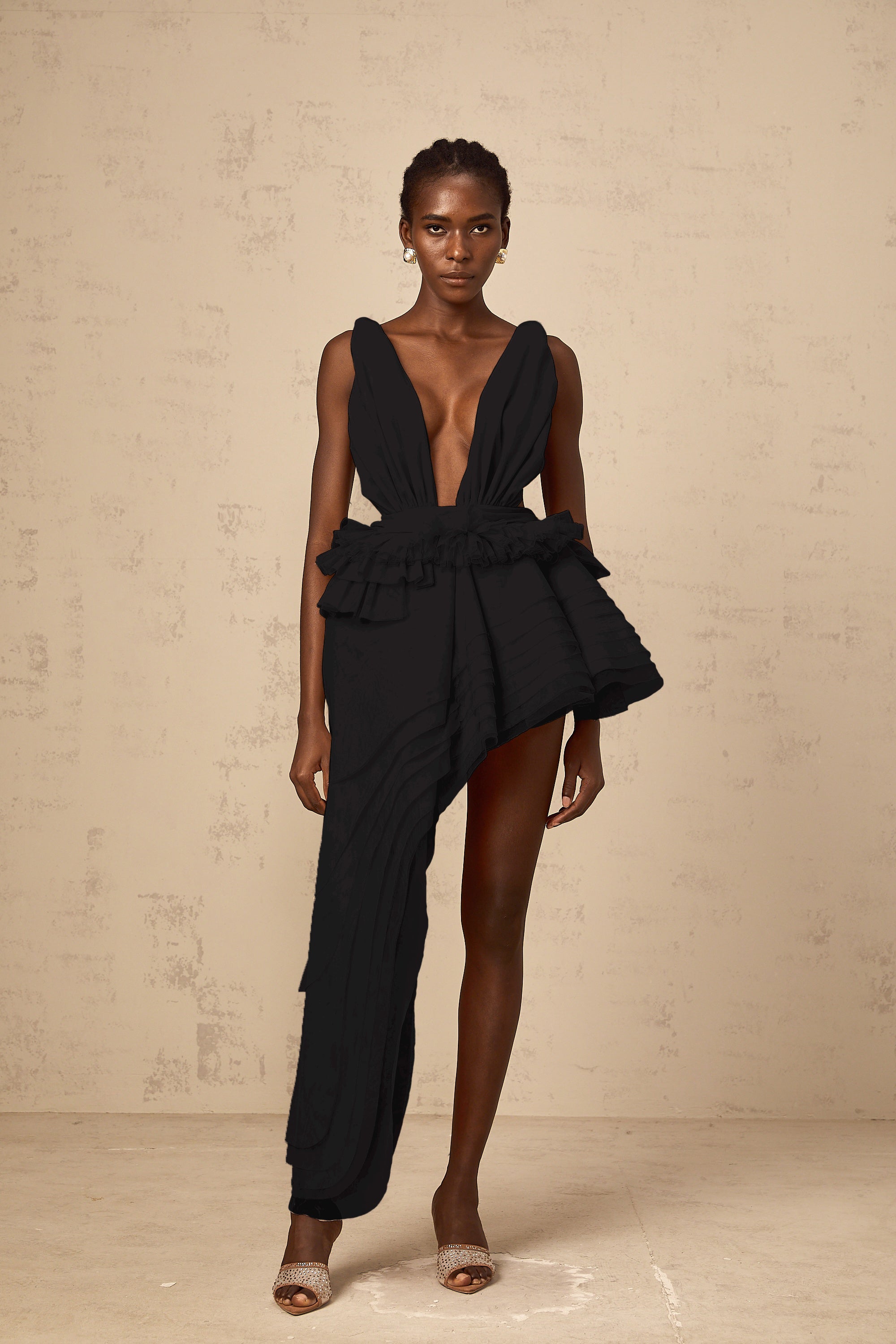 Isoline ribbon-design asymmetrical mini dress in Black (Final Sale)