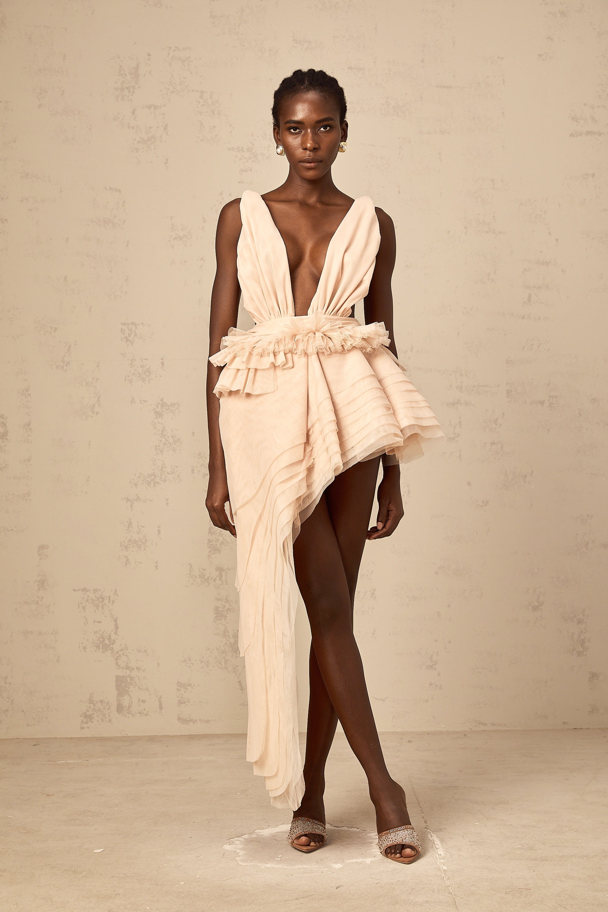 Isoline ribbon-design asymmetrical mini dress in Neutrals (Final Sale-US Only)