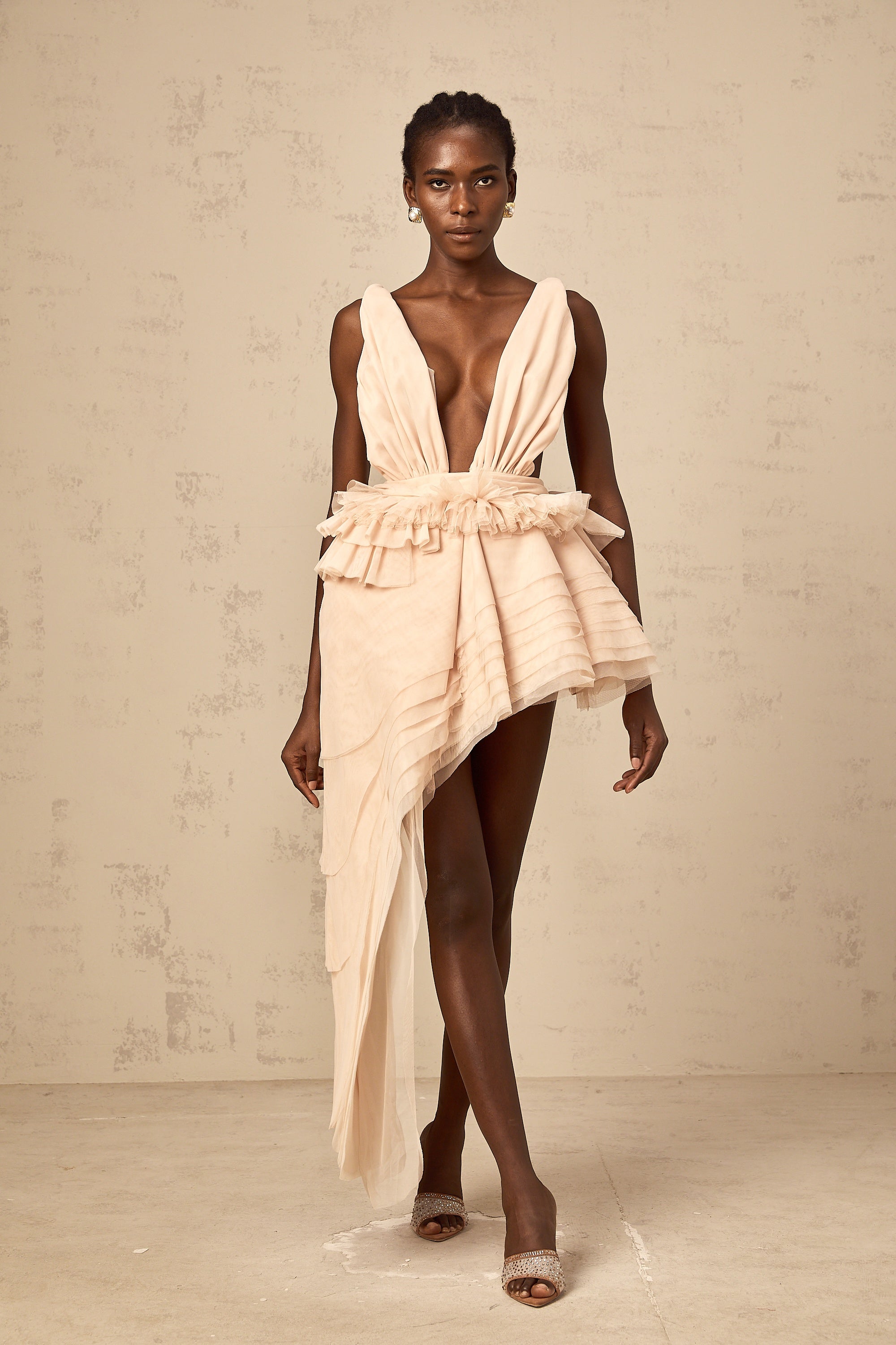 Isoline ribbon-design asymmetrical mini dress in Neutrals (Final Sale-US Only)