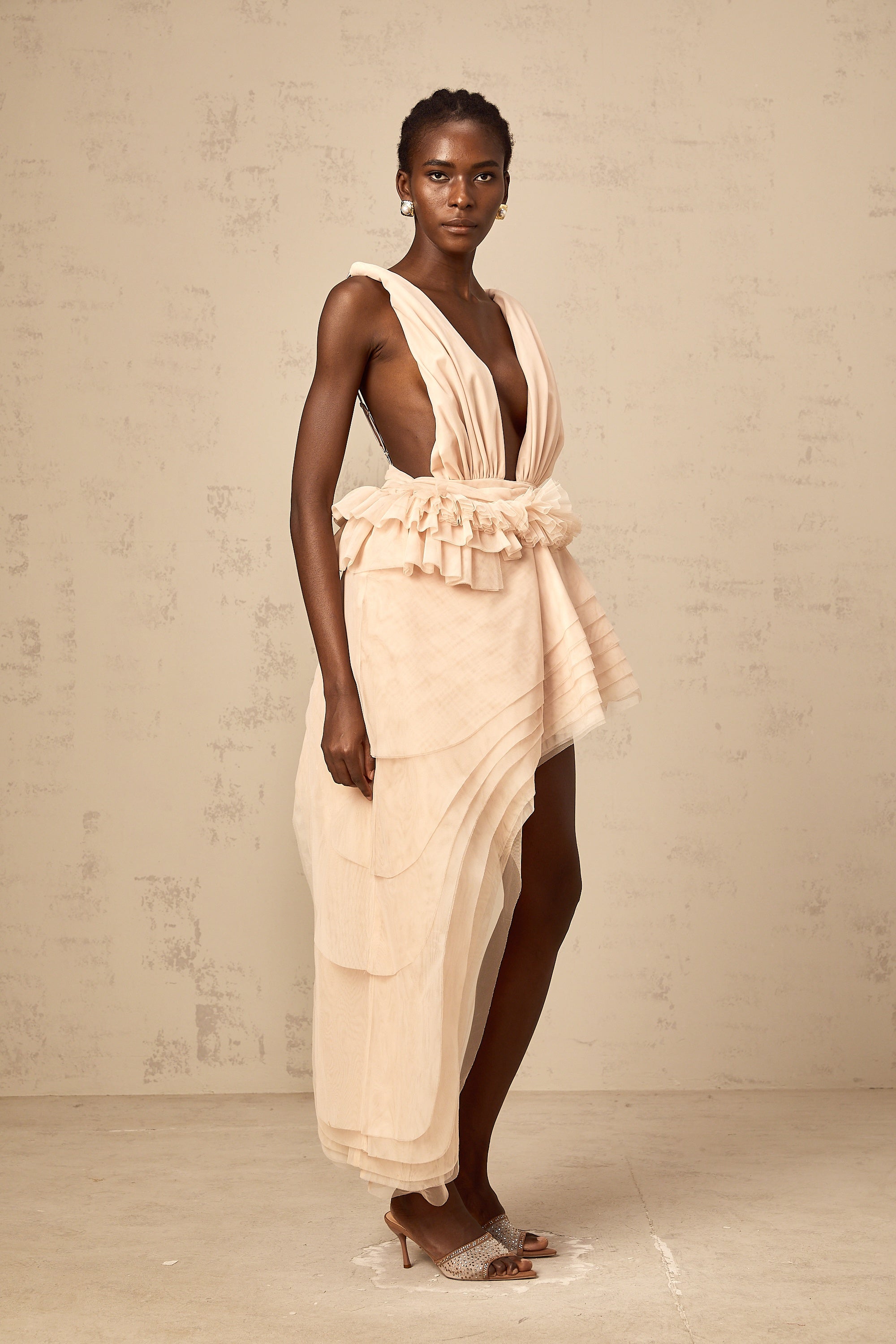 Isoline ribbon-design asymmetrical mini dress in Neutrals (Final Sale-US Only)
