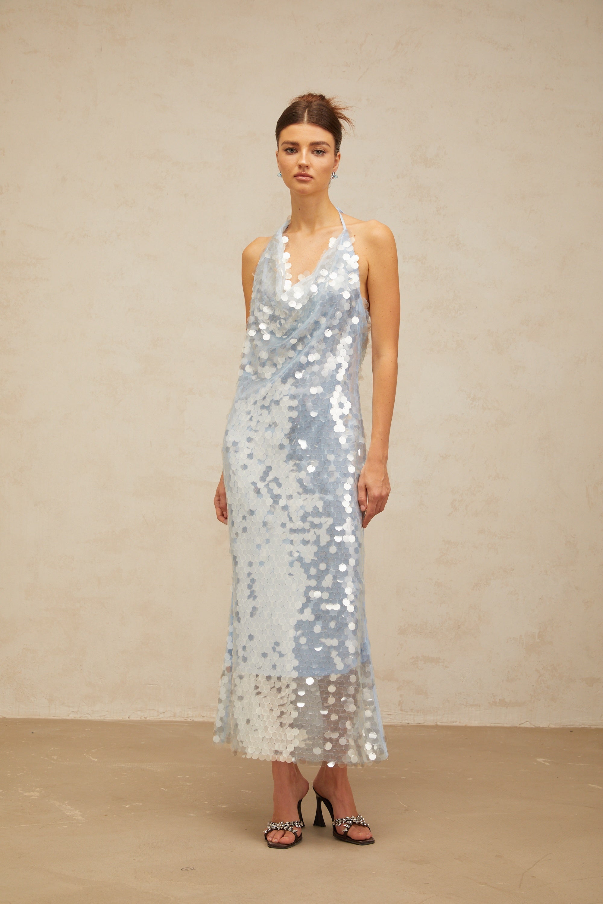 Babette blue halterneck sequined midi dress (Final Sale-US Only)