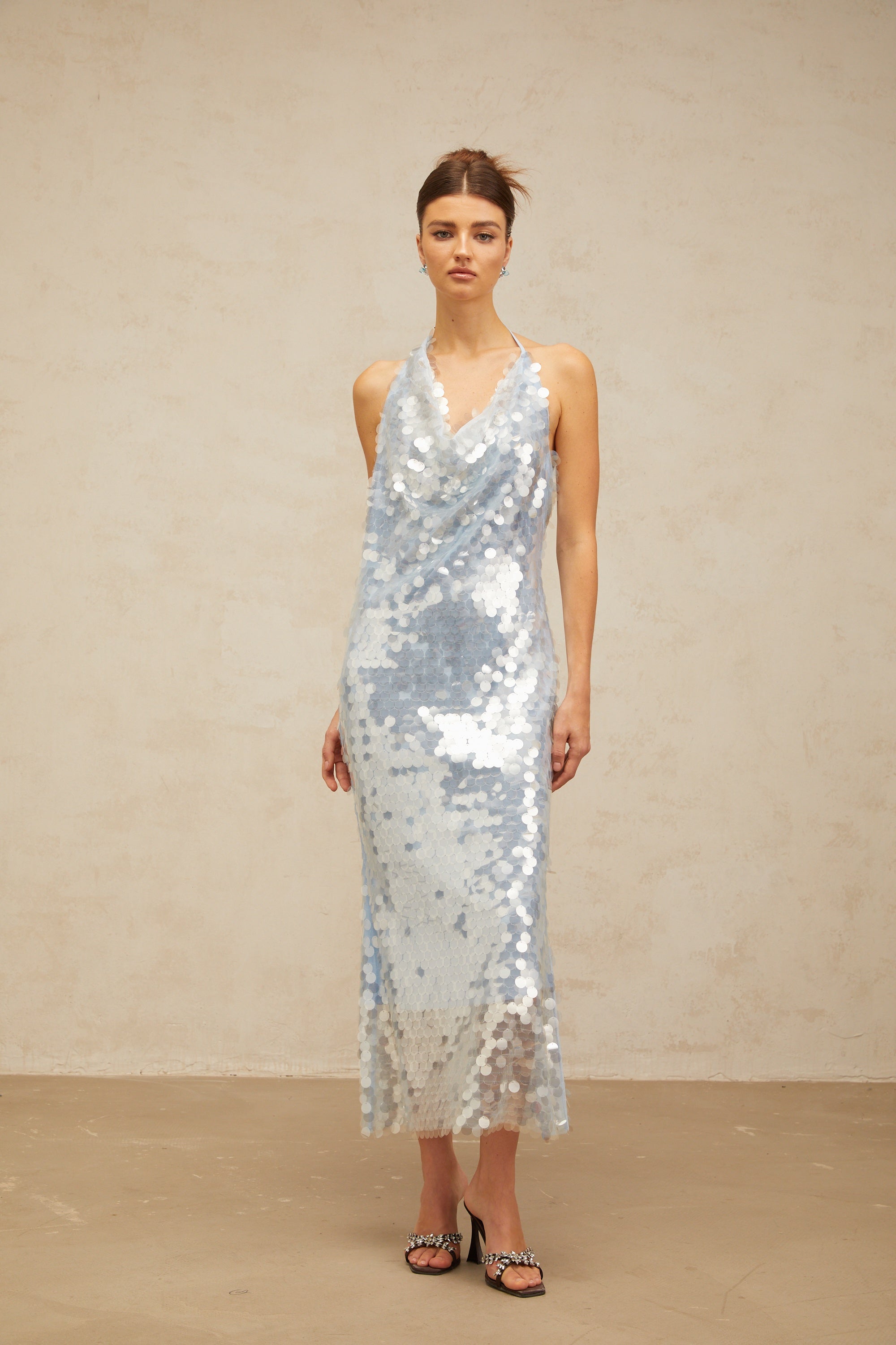 Babette blue halterneck sequined midi dress (Final Sale-US Only)