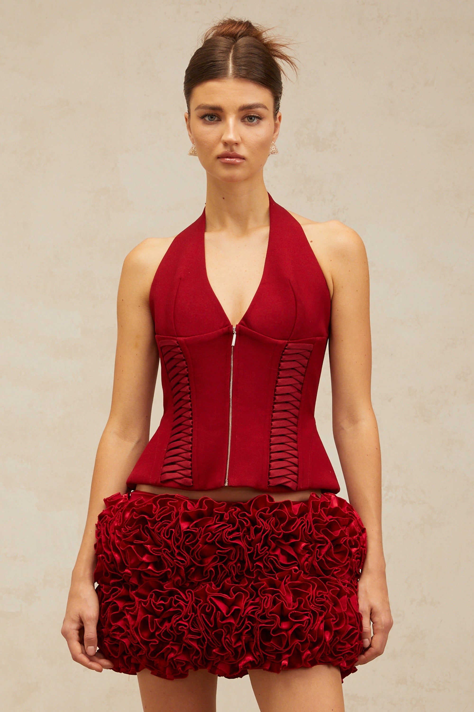 Paloma red halterneck lace-up top