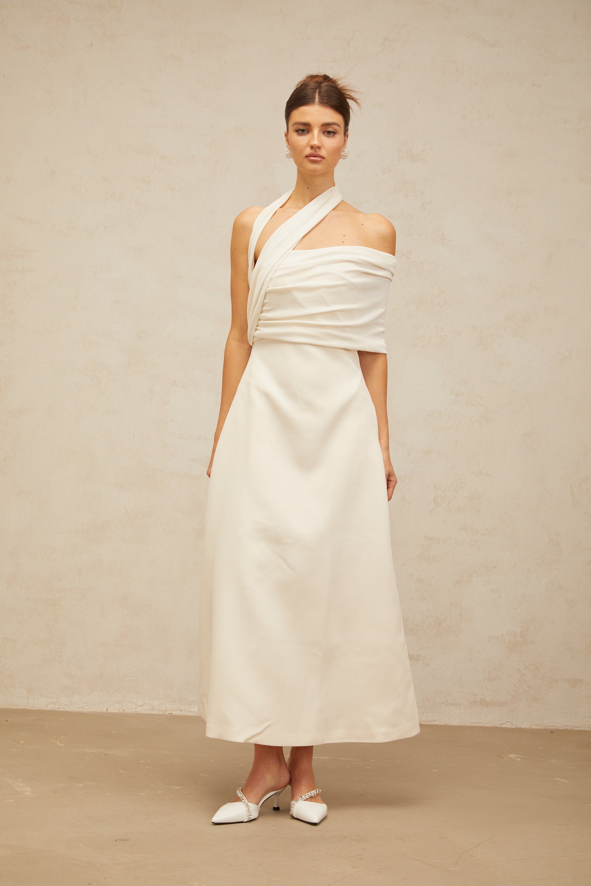 Solène cream-white asymmetrical midi dress (Final Sale)