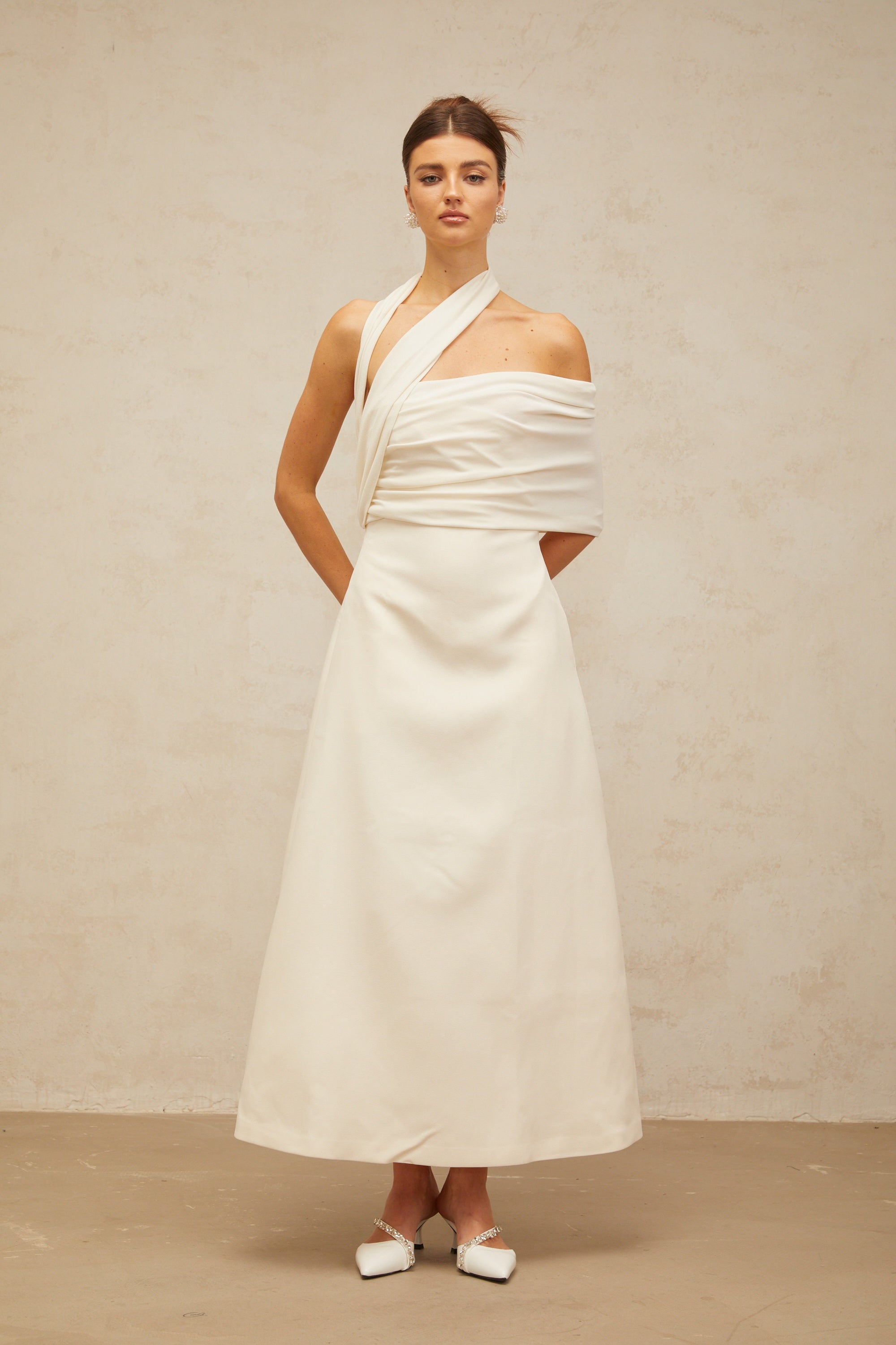 Solène cream-white asymmetrical midi dress (Final Sale)
