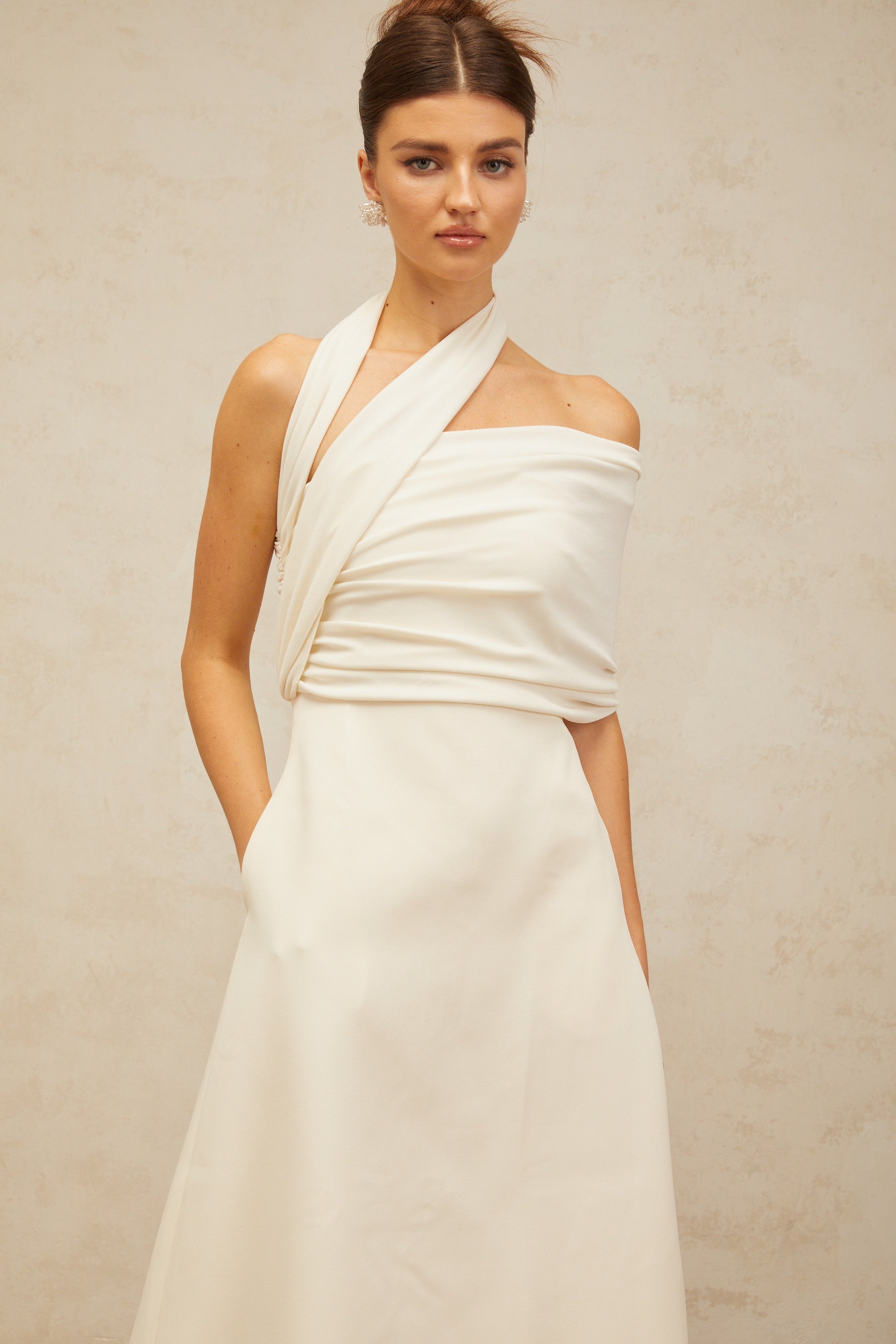 Solène cream-white asymmetrical midi dress (Final Sale-US Only)