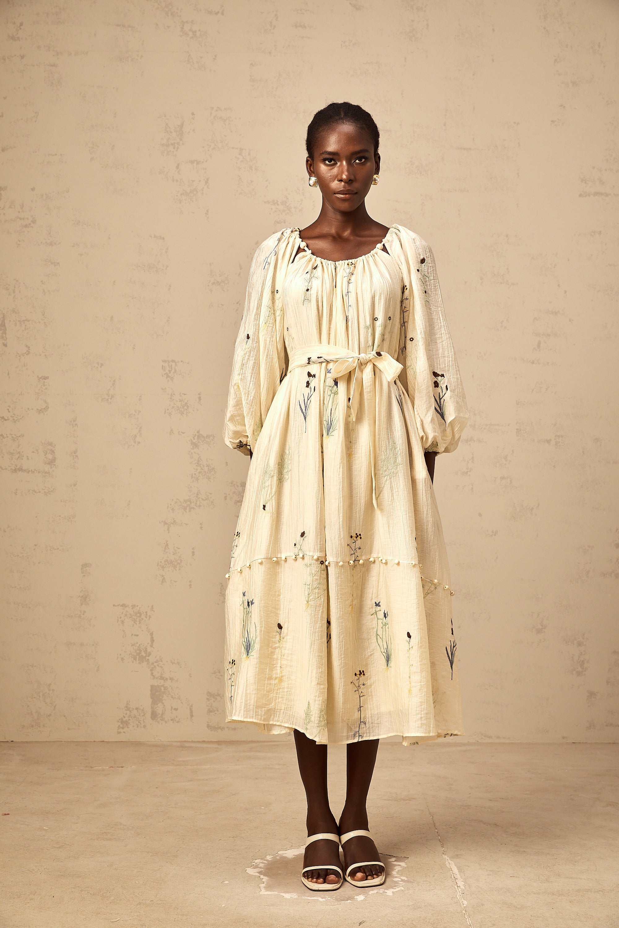Uranie beige flower-embroidered beaded midi dress (Final Sale-US Only)