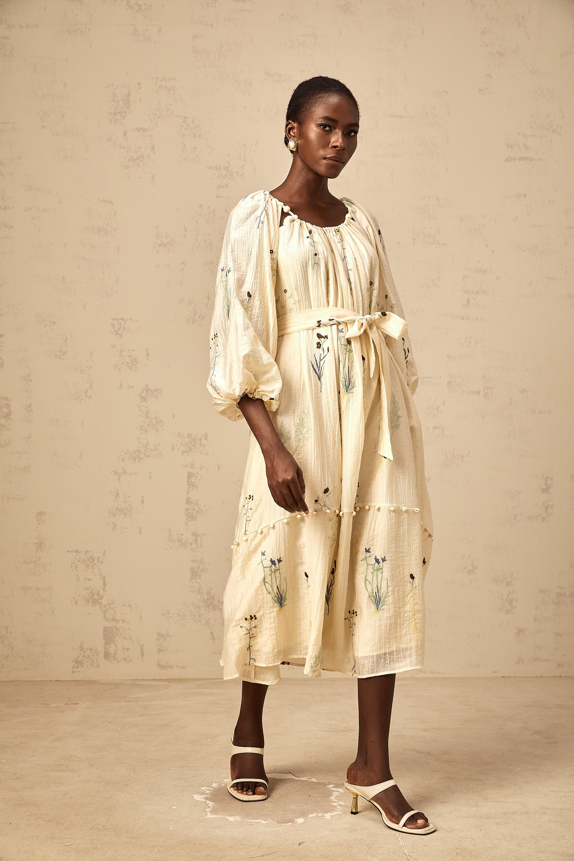 Uranie beige flower-embroidered beaded midi dress (Final Sale-US Only)