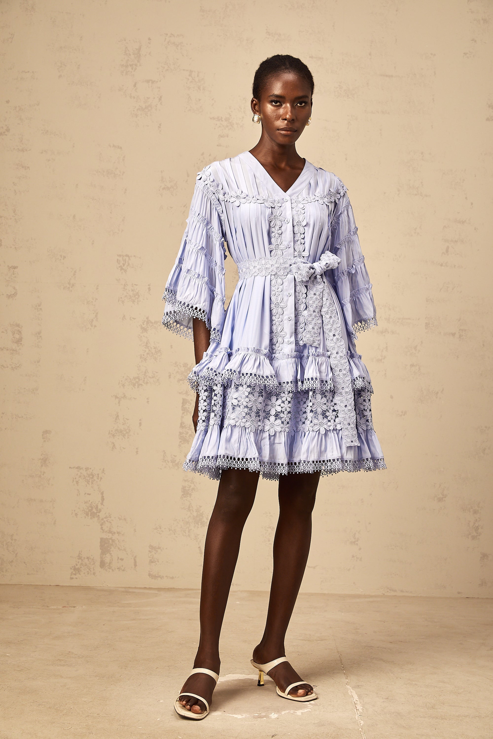 Gaëlle light-blue floral-embroidered tiered mini dress (Final Sale-US Only)