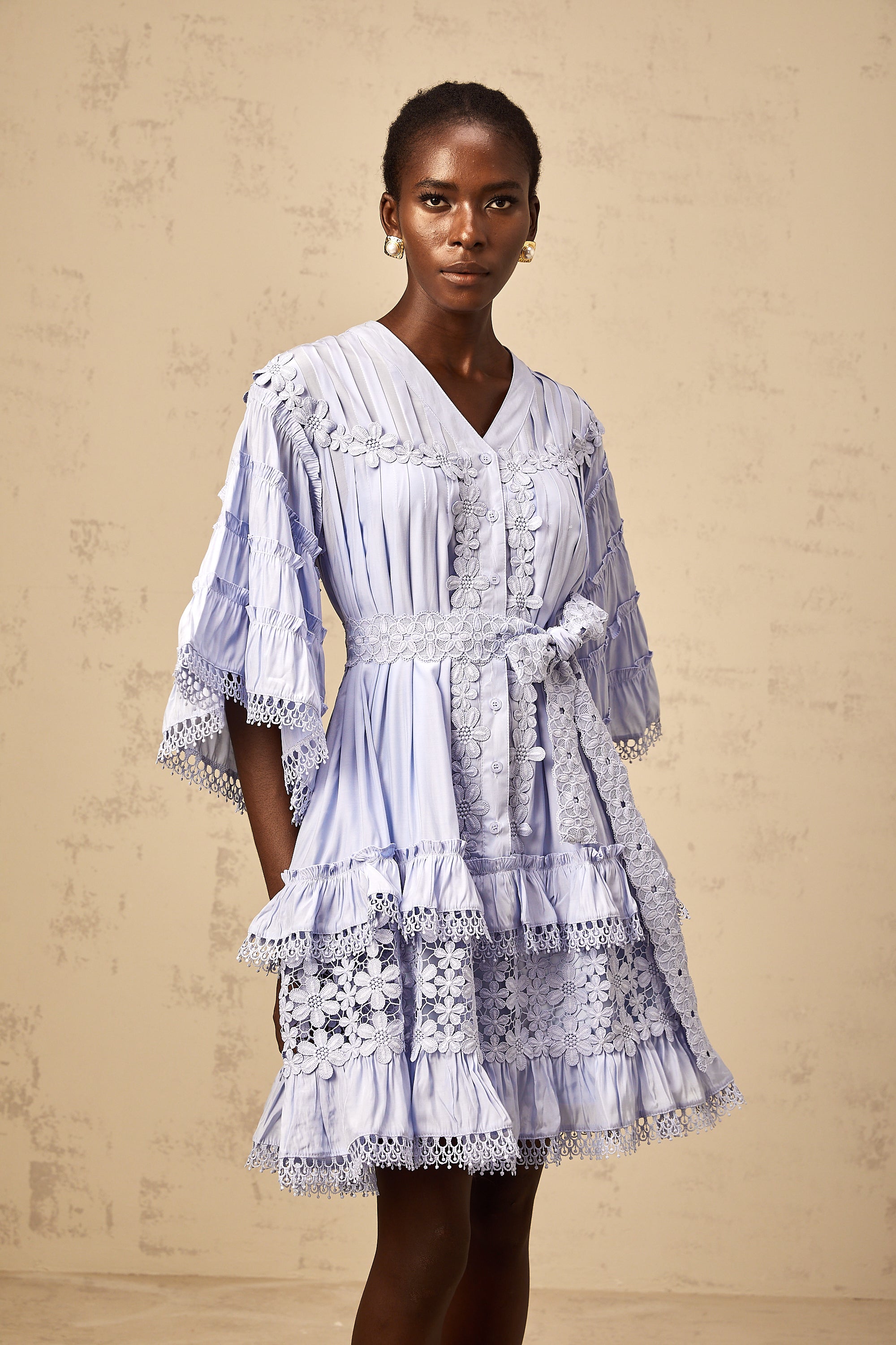 Gaëlle light-blue floral-embroidered tiered mini dress (Final Sale-US Only)