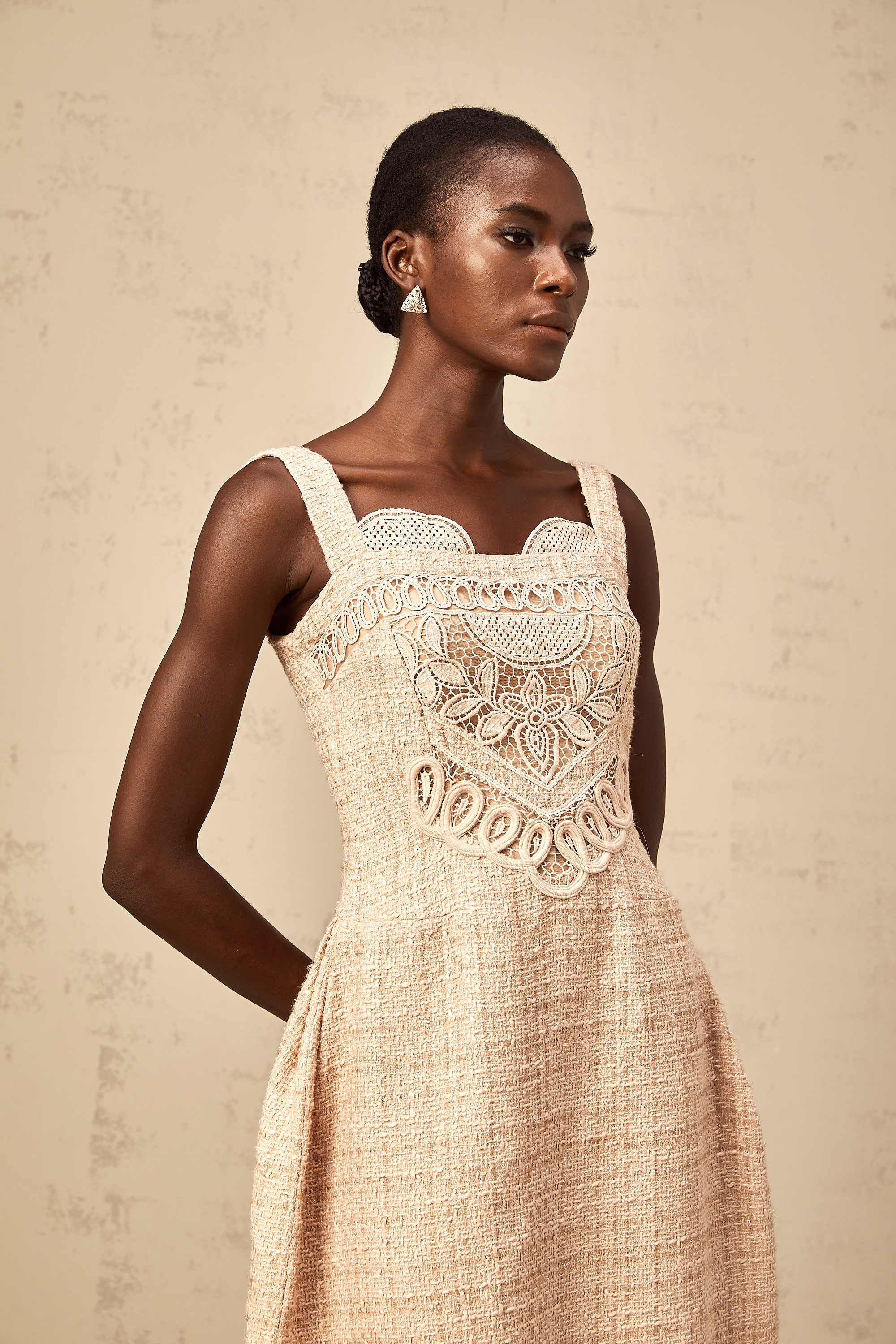 Véronica neutrals interwoven embroidered mini dress