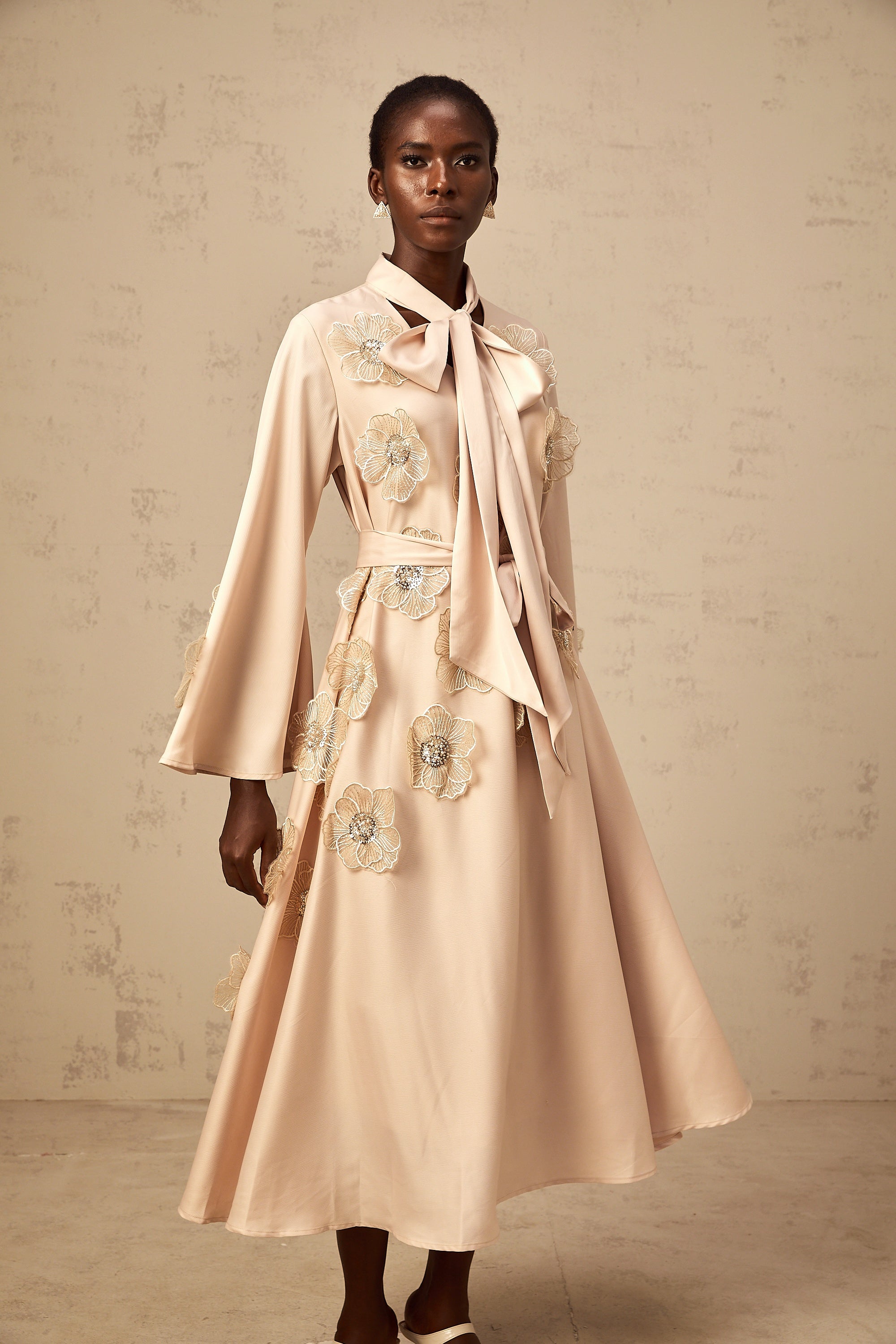 Orane tied floral-applique flared midi dress in Neutrals (Final Sale-US Only)