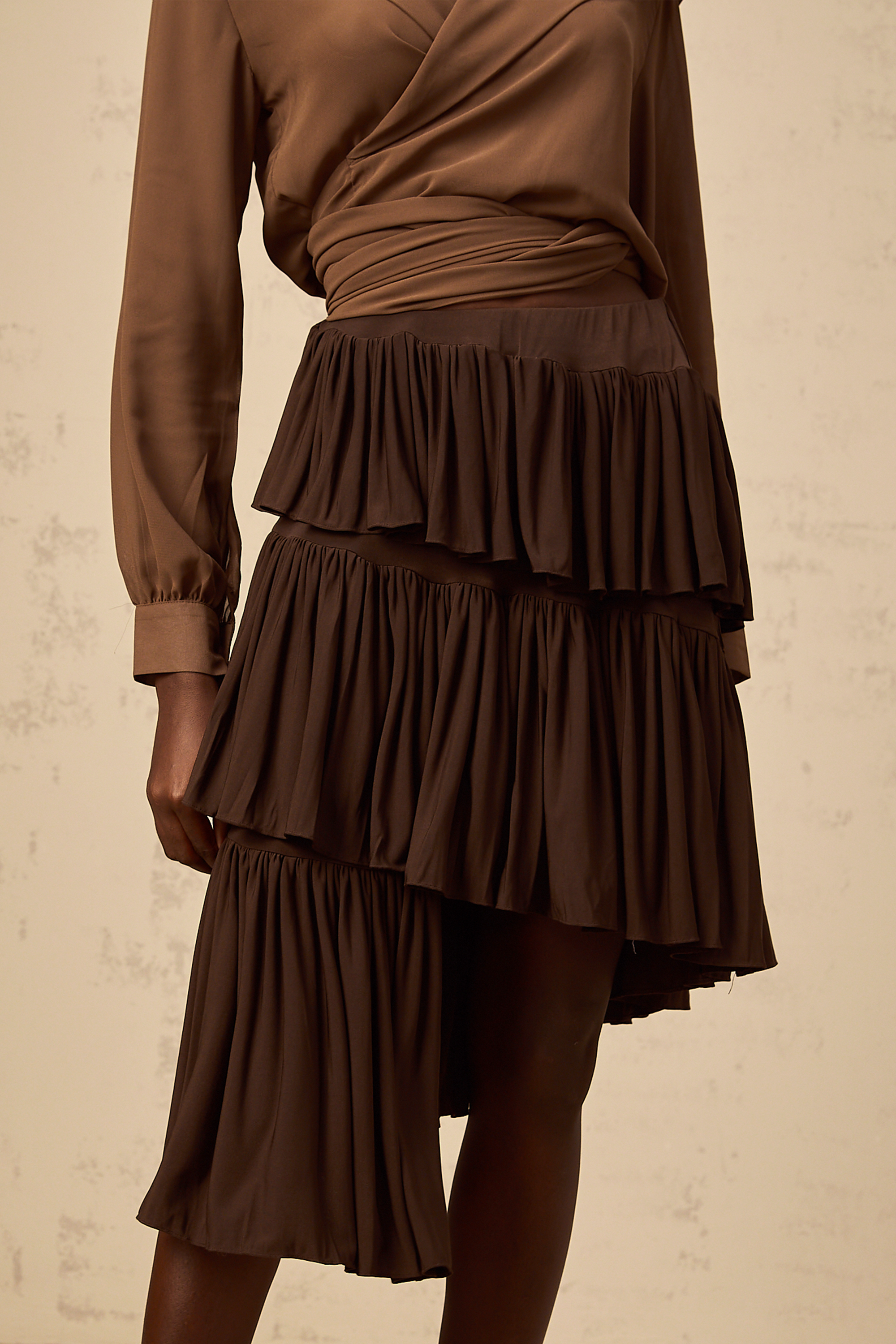 Astrid brown asymmetrical pleated tiered mini skirt