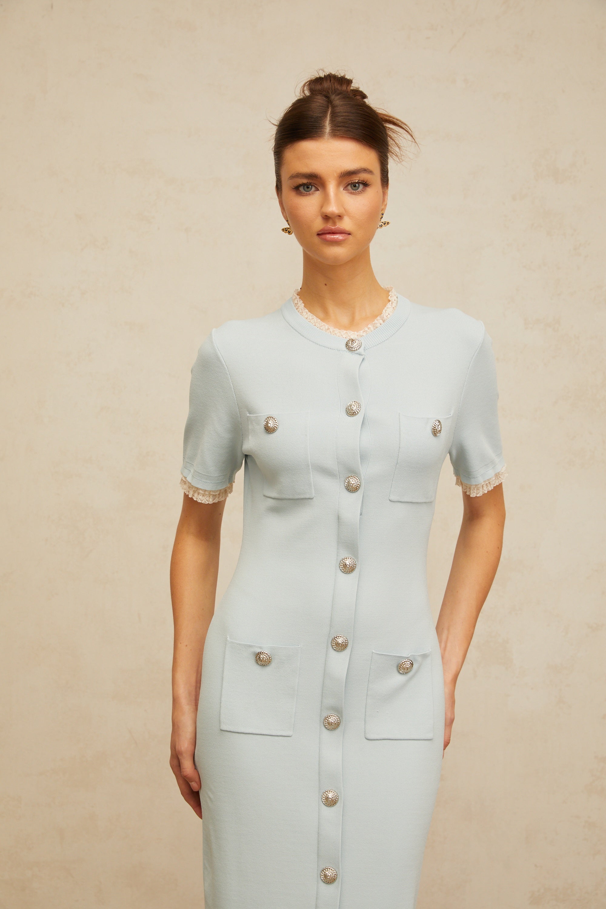 Mélisande light-blue pencil-silhouette knit midi dress (Final Sale)