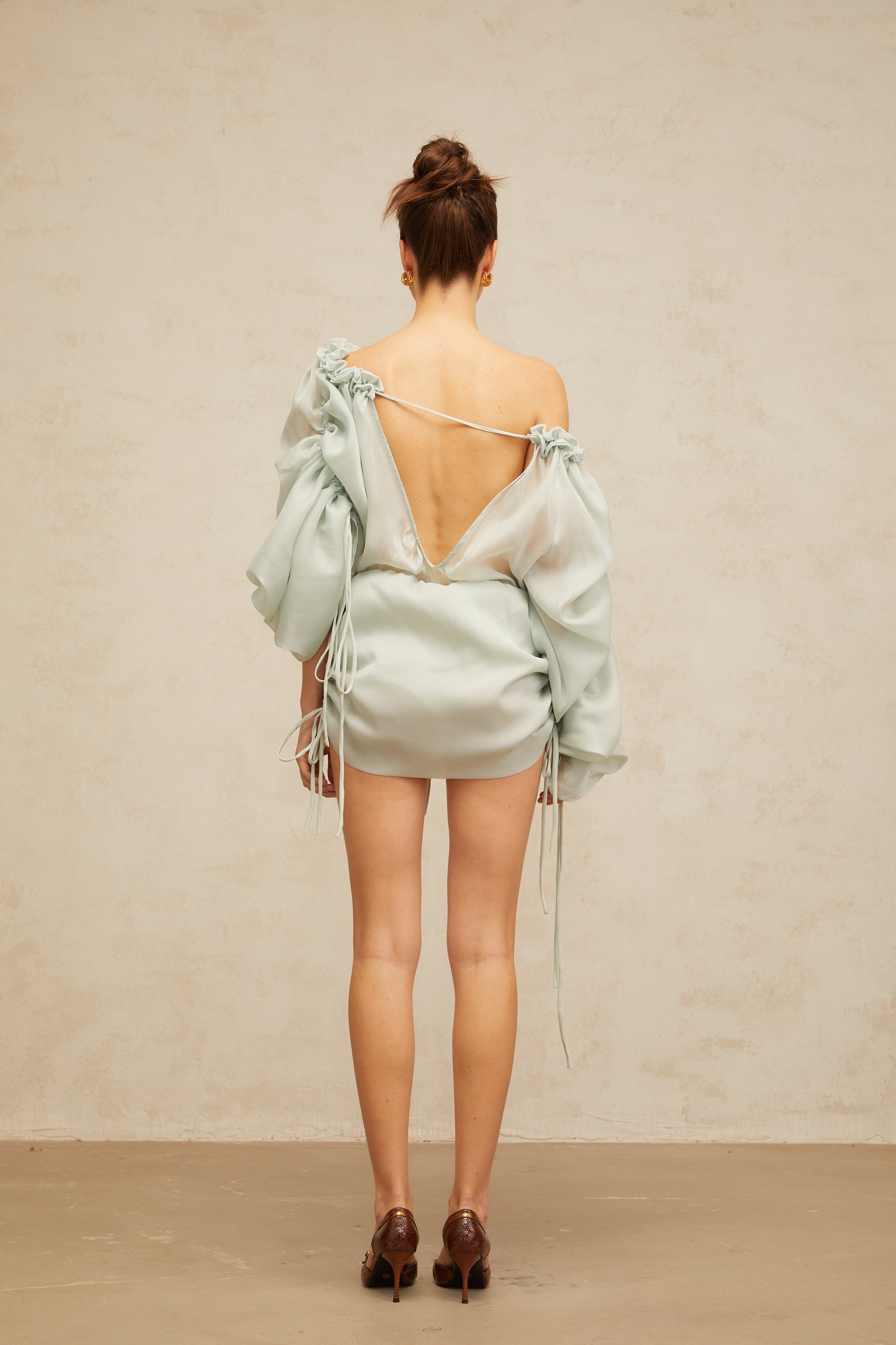 Béryl light-green ruffled-trim ruched mini dress (Final Sale-US Only)