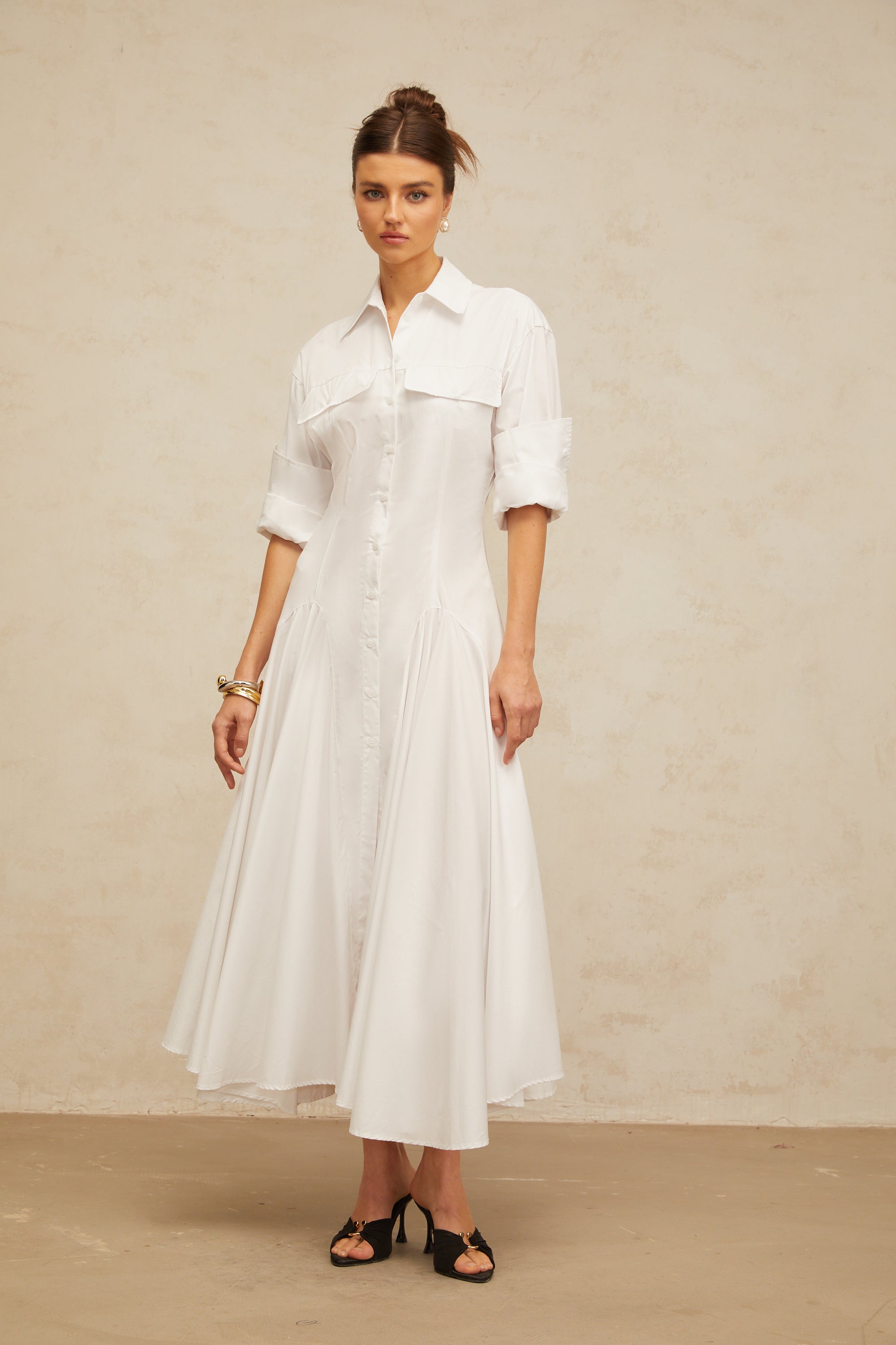 Dulcie white front-slit shirred shirt dress (Final Sale)