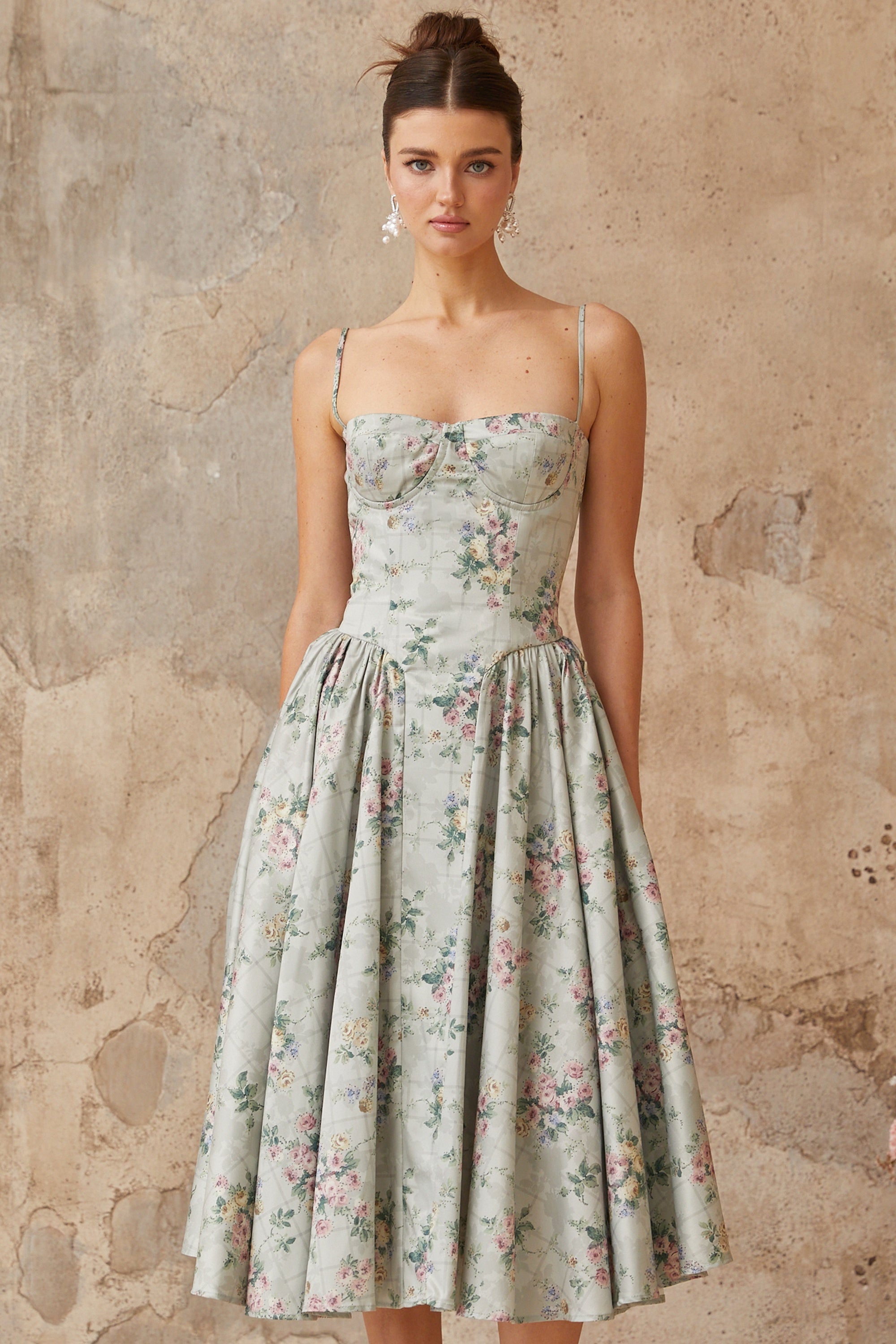 Prunelle sage-green floral-print shirred midi dress (Final Sale)