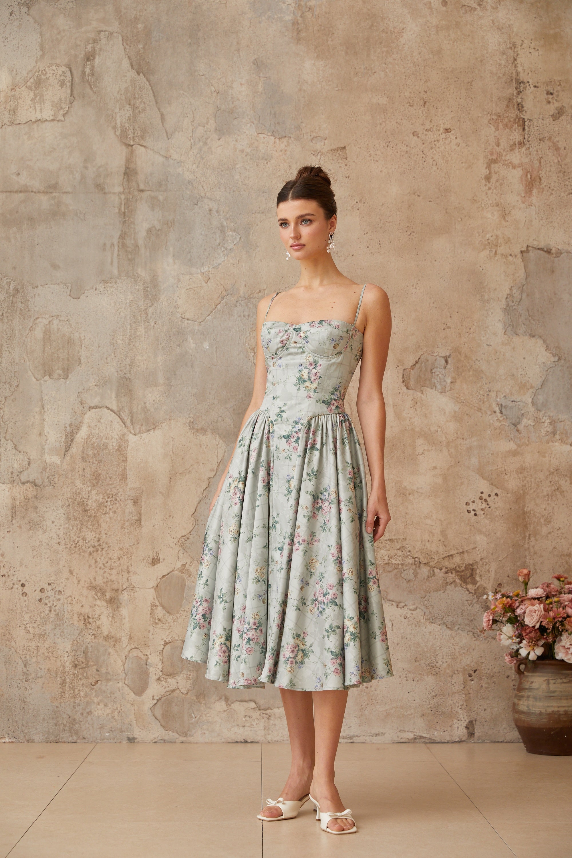 Prunelle sage-green floral-print shirred midi dress (Final Sale)