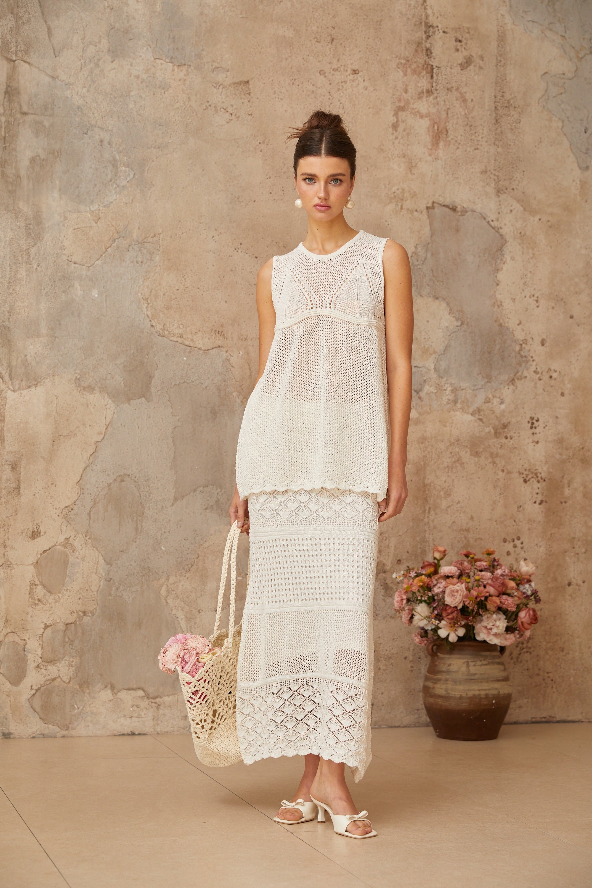 Irène White Cutout Crochet Knit Two-Piece Top and Skirt (Final Sale)