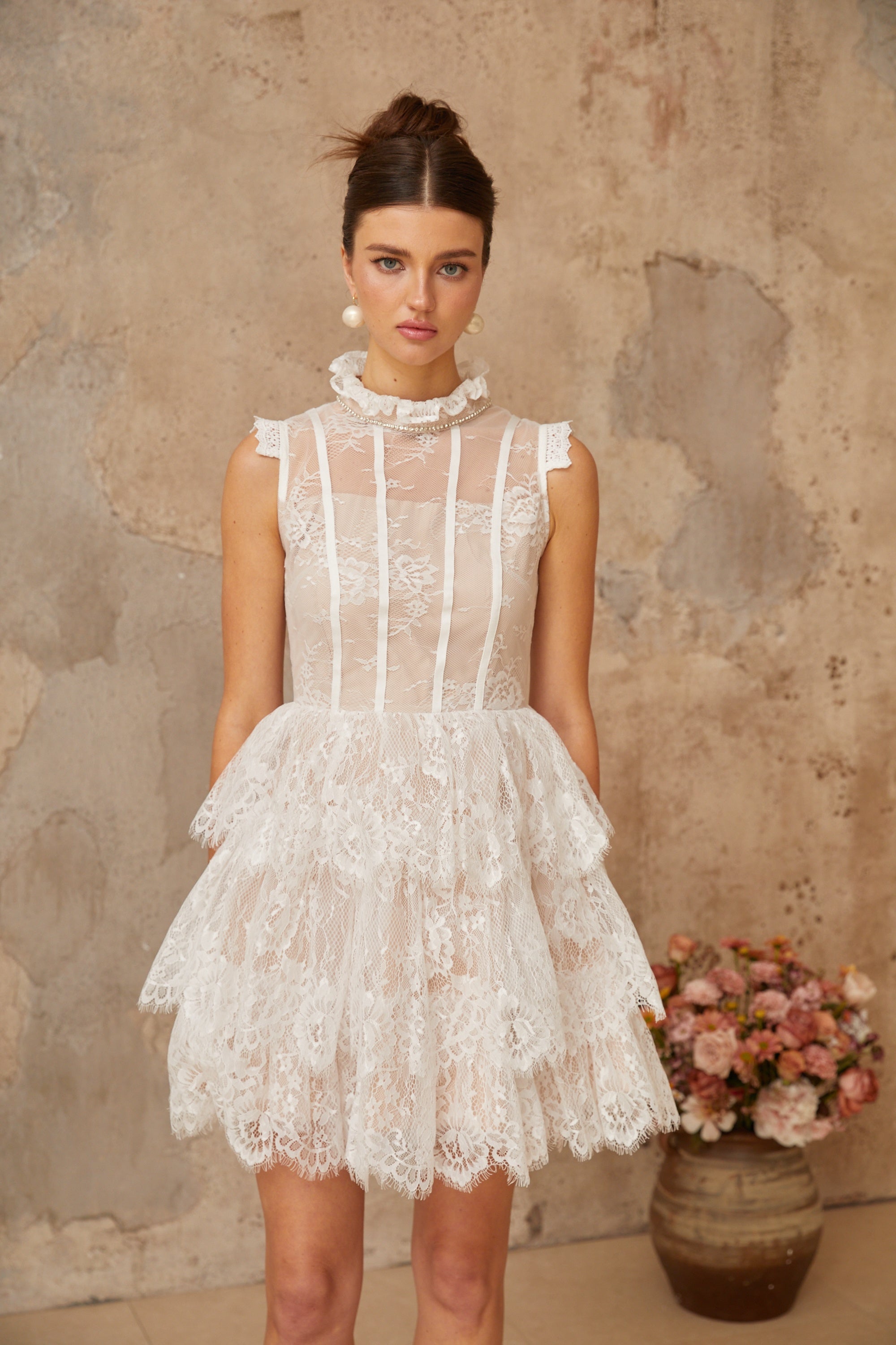 Thérèse white embellished floral-lace tiered mini dress (Final Sale)
