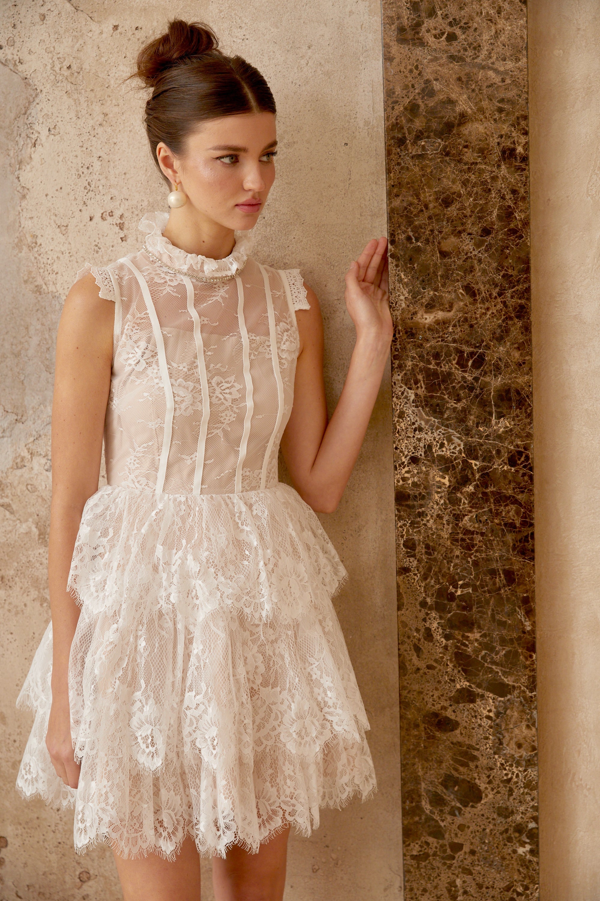Thérèse white embellished floral-lace tiered mini dress (Final Sale)