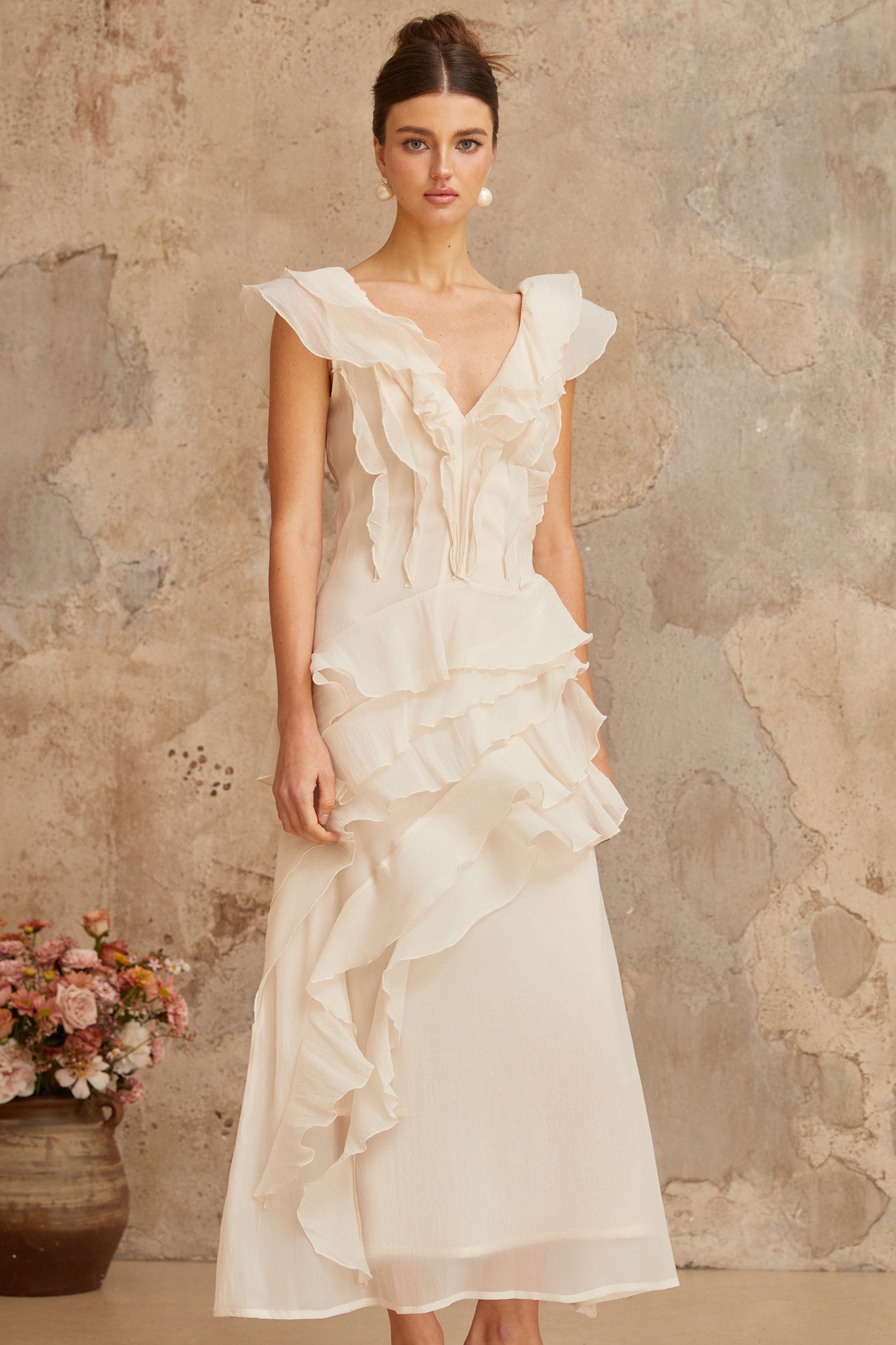 Hélène faux-flower layered ruffled maxi dress (Final Sale)