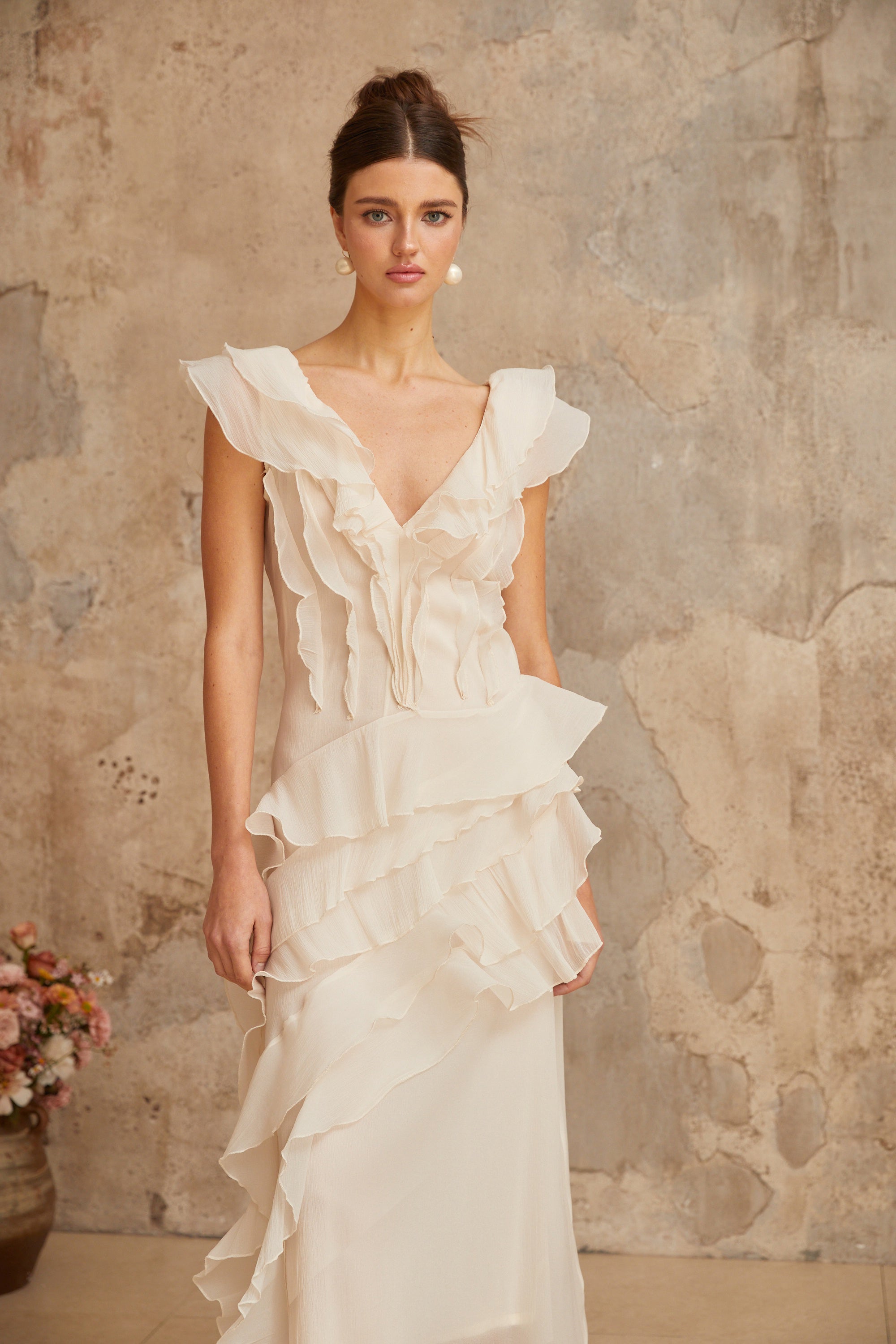 Hélène faux-flower layered ruffled maxi dress