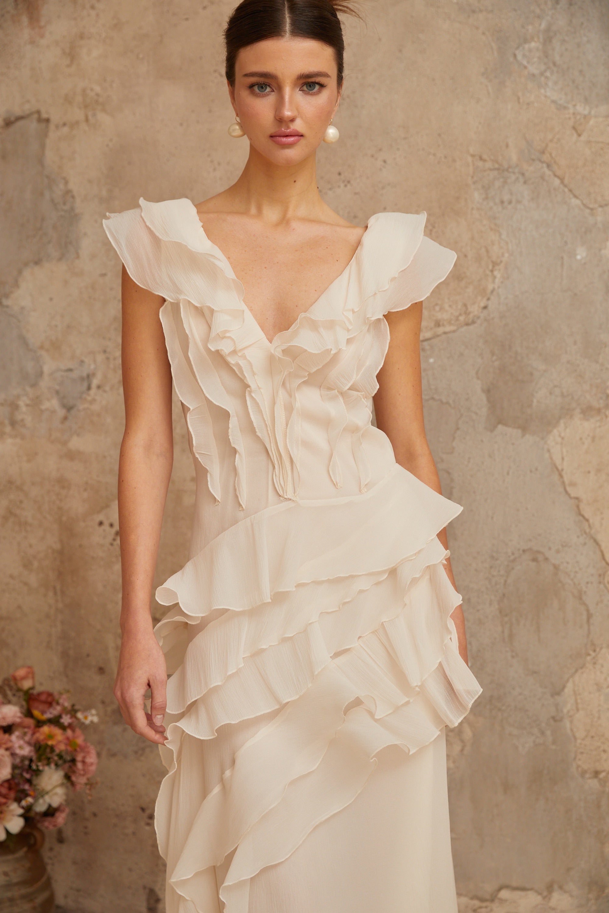 Hélène faux-flower layered ruffled maxi dress (Final Sale)