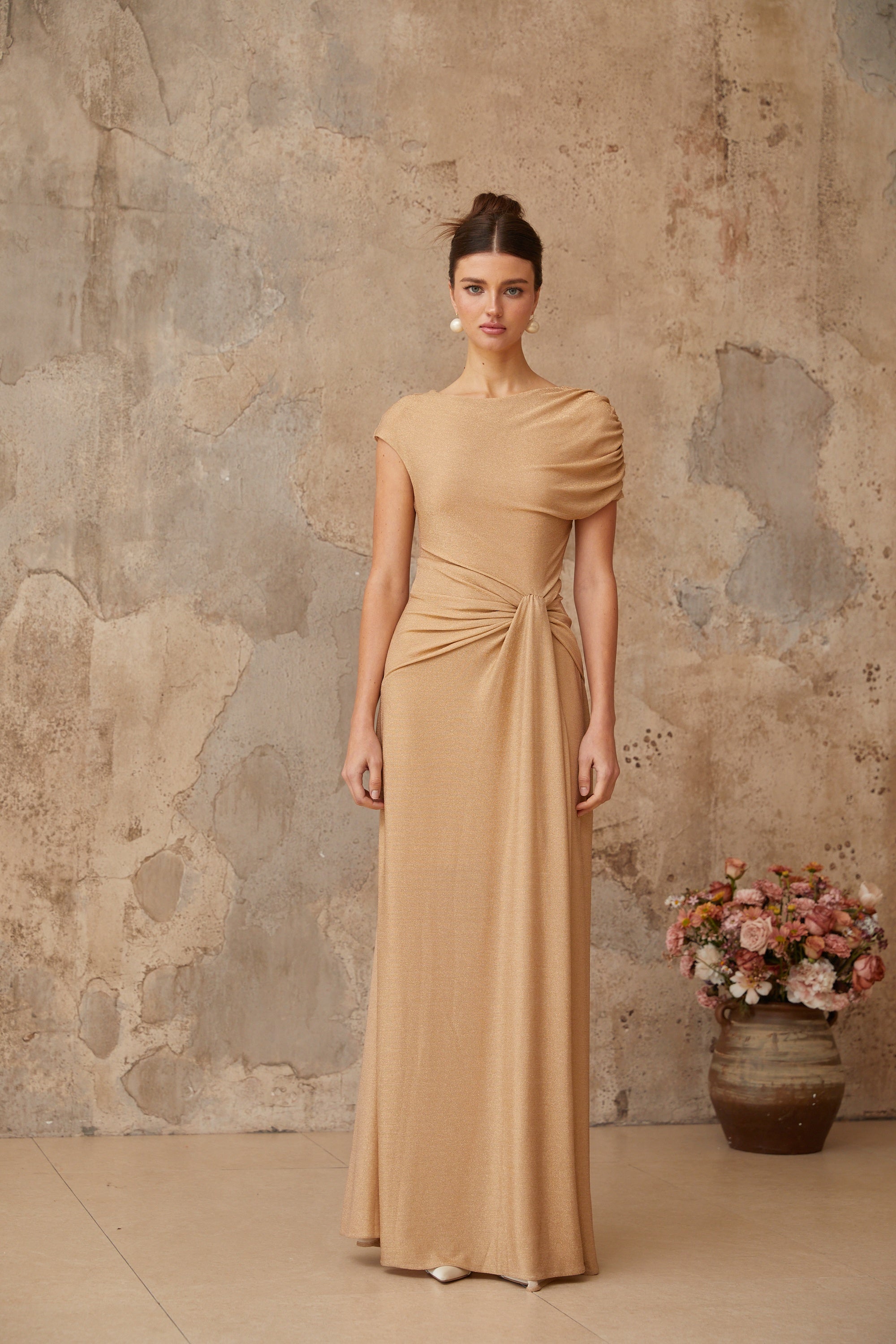 Rosalie gold asymmetrical pleated maxi dress (Final Sale-US Only)