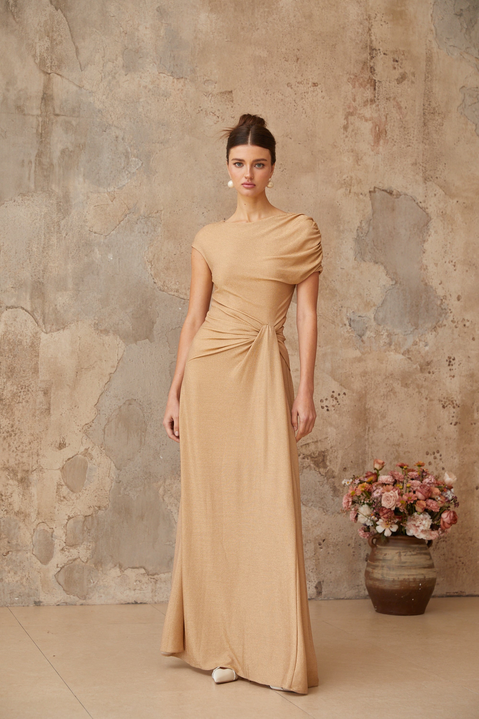Rosalie gold asymmetrical pleated maxi dress (Final Sale-US Only)