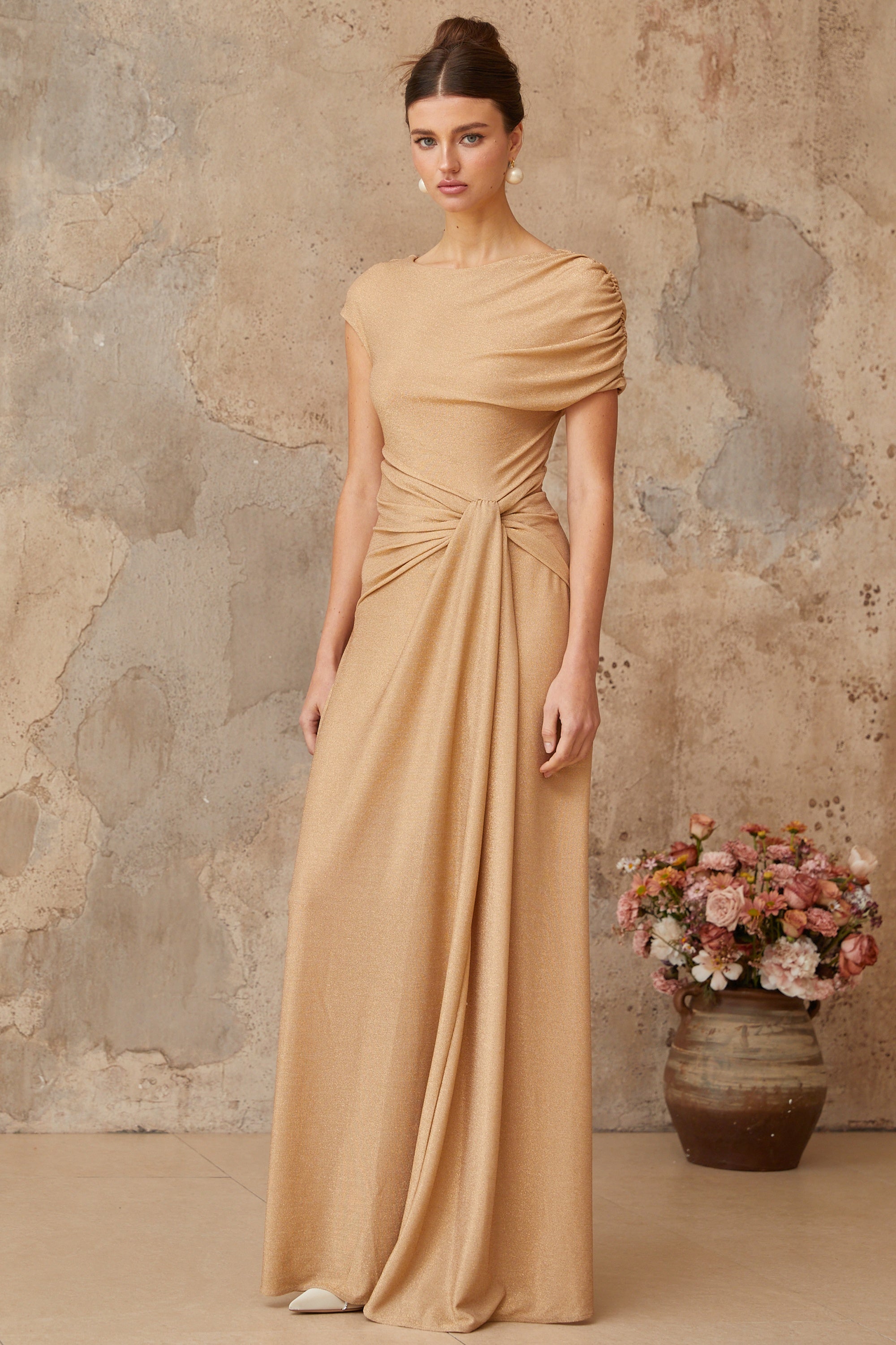 Rosalie gold asymmetrical pleated maxi dress (Final Sale-US Only)